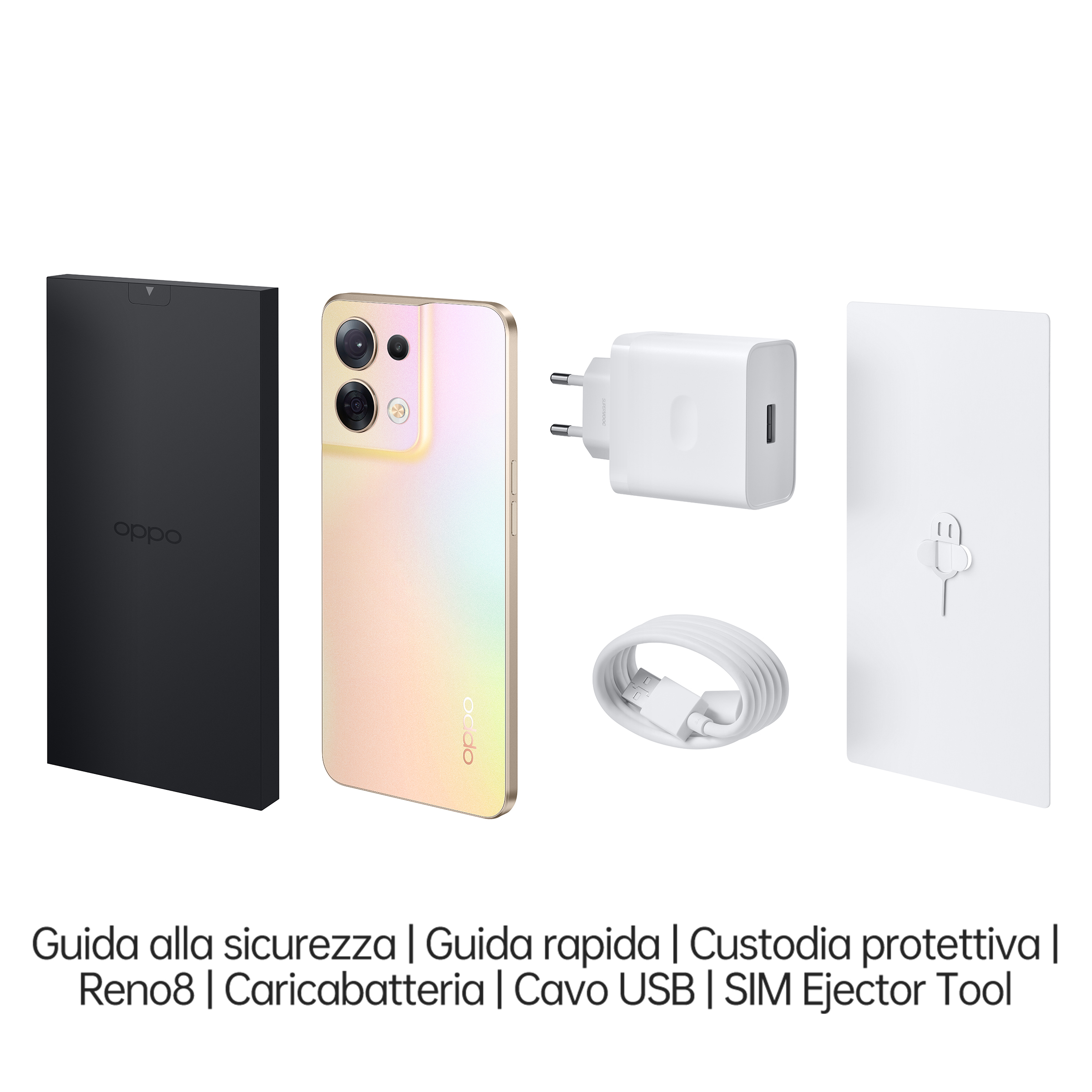 Zdjęcie produktu telefonu Oppo Reno 8 z akcesoriami. Zawiera ładowarkę, kabel i narzędzie do wysuwania karty SIM. Białe tło.