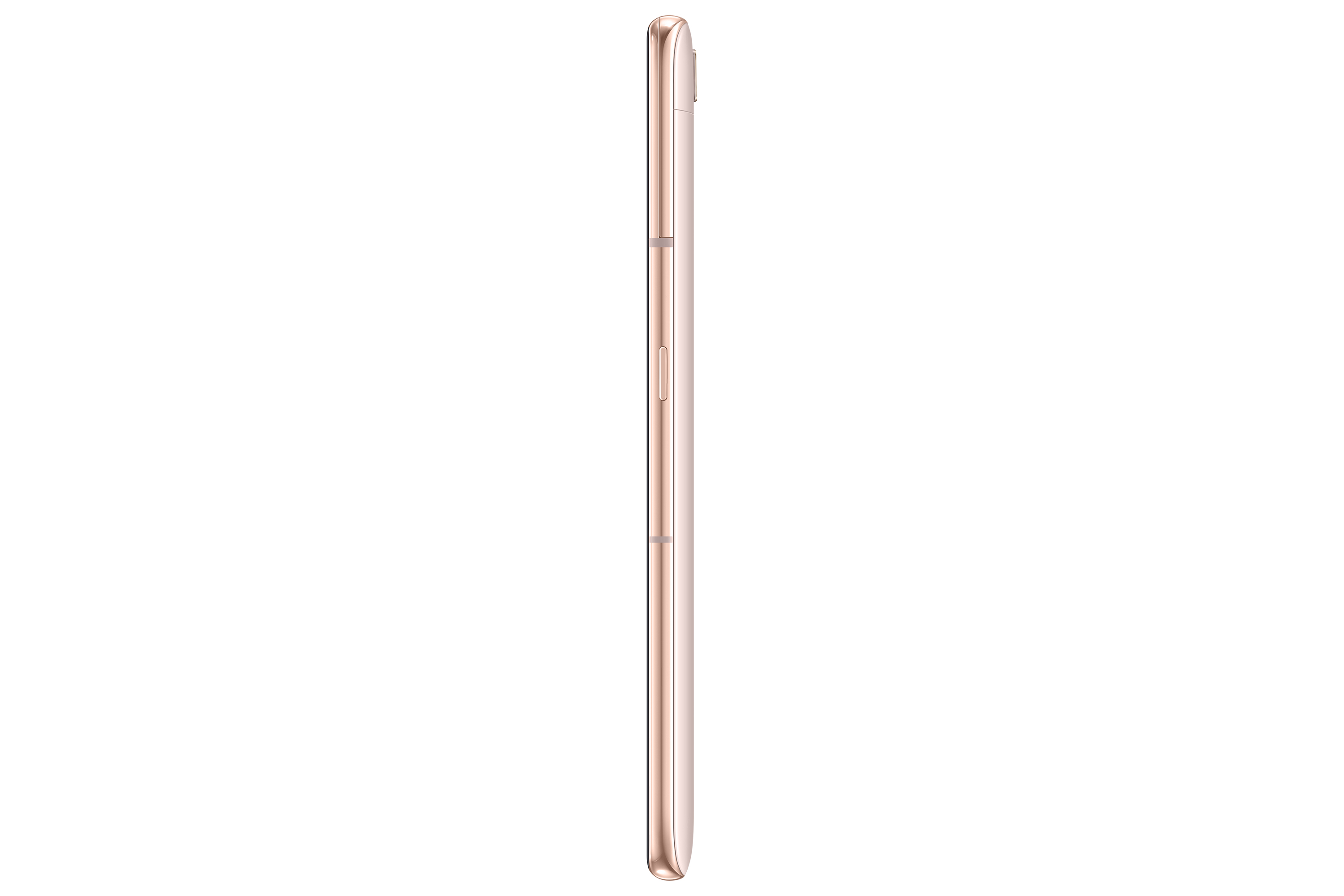 Vista laterale telefono oro rosa. Pulsanti di accensione e volume visibili. Sfondo bianco.