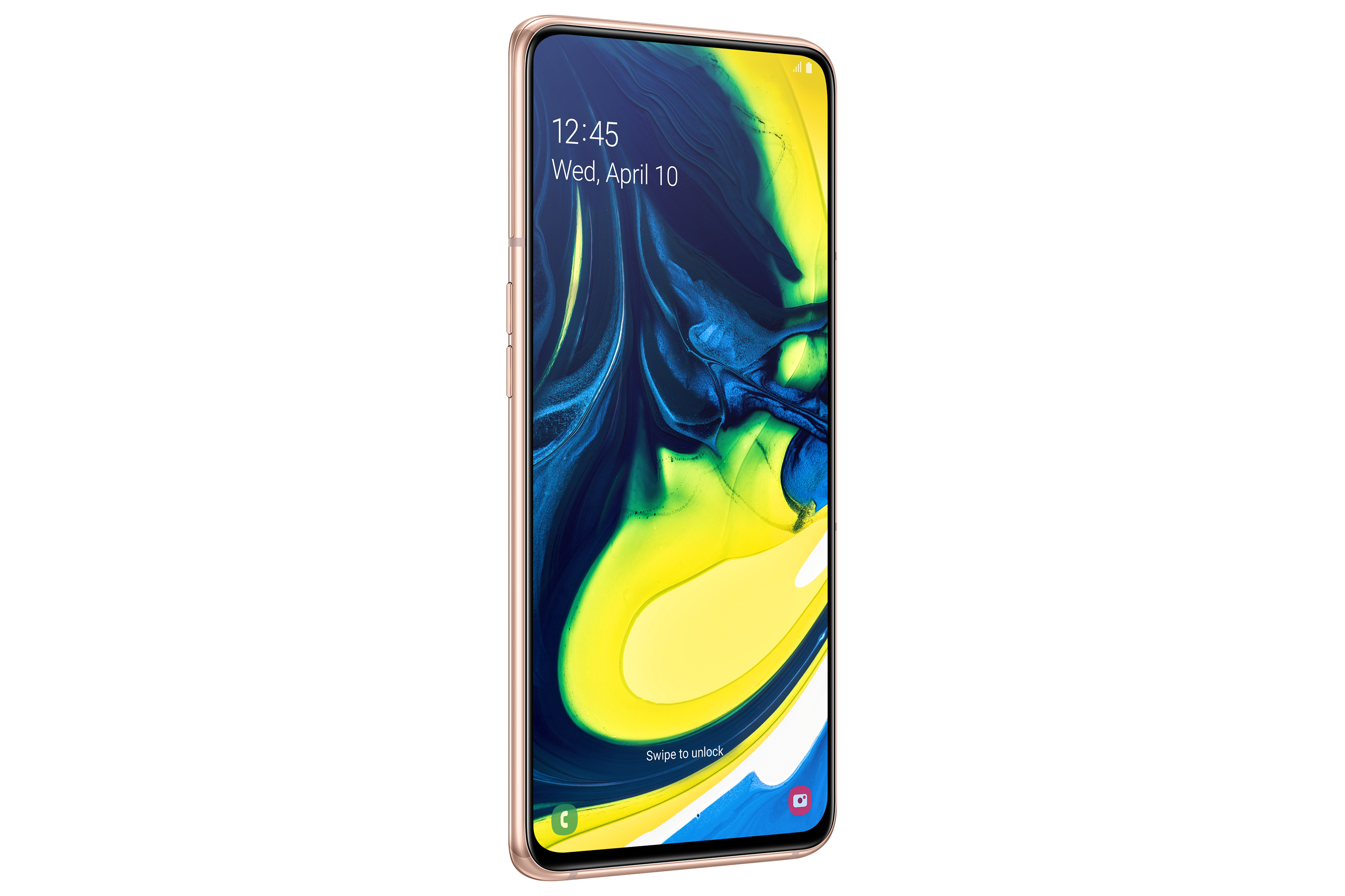 Un telefono dorato angolato, che mostra uno schermo con un design astratto blu, giallo e nero. Sfondo bianco.