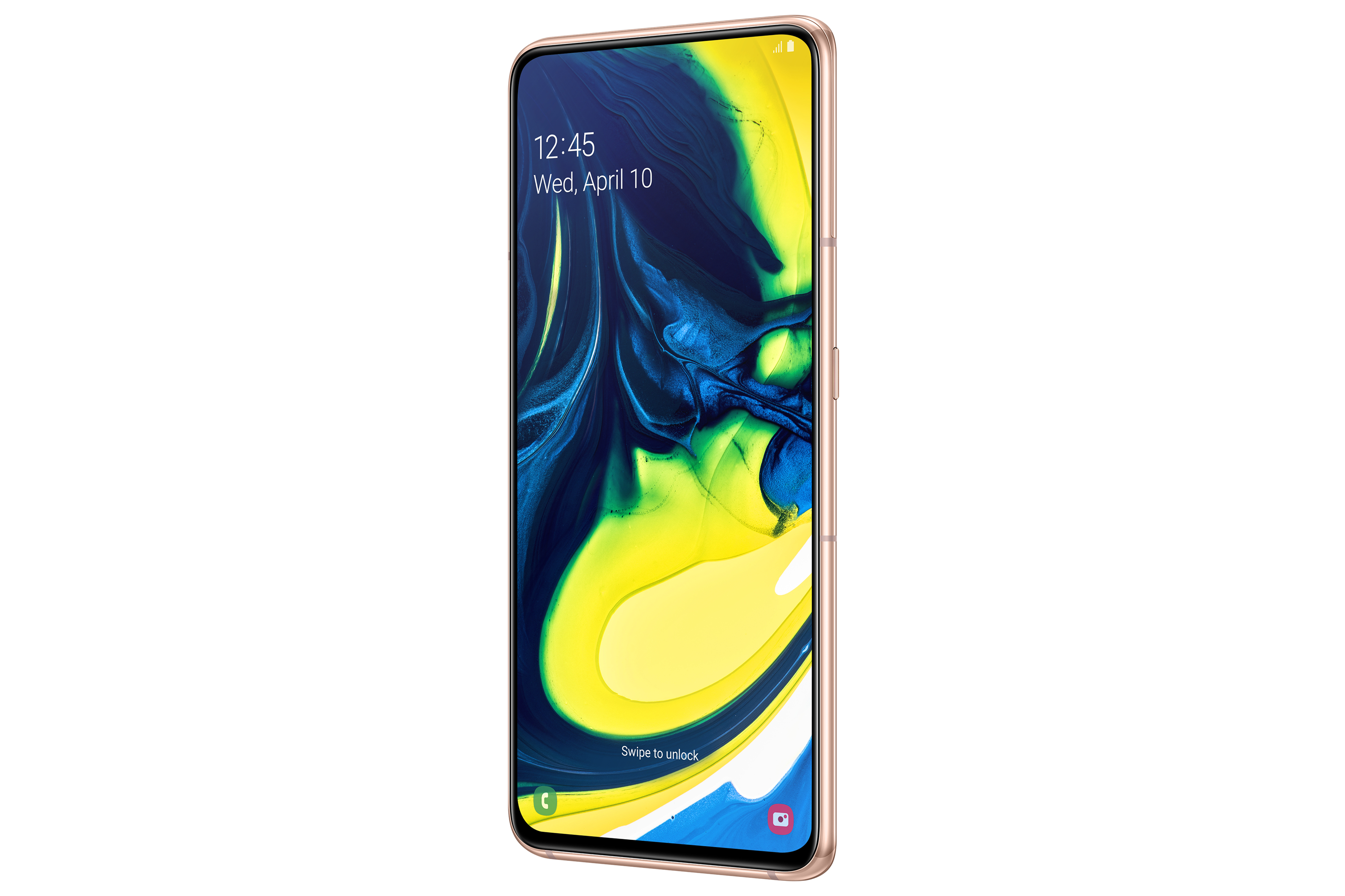 Un telefono Samsung dorato con schermo curvo. L'ora è 12:45 e la data è il 10 aprile, su sfondo bianco.