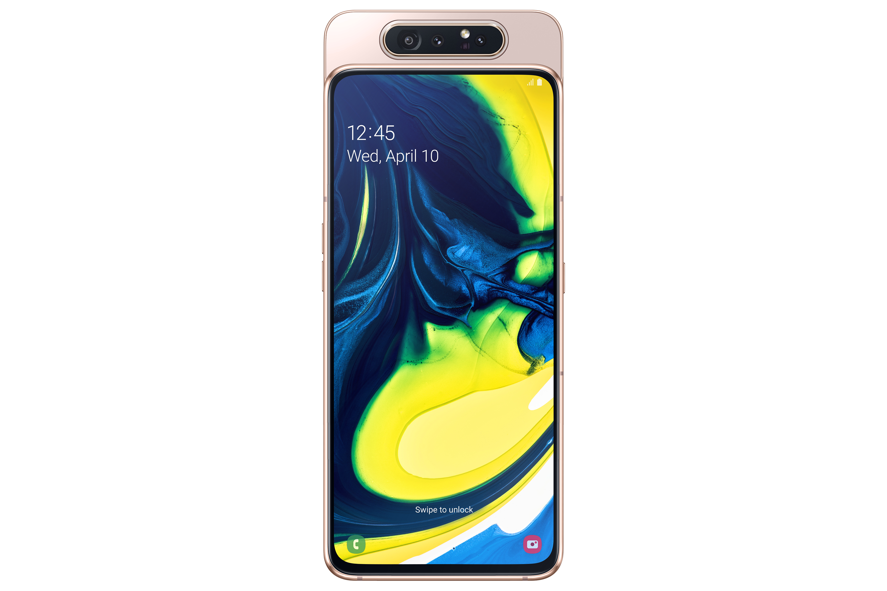 Telefono Samsung dorato con orario. Sfondo bianco.