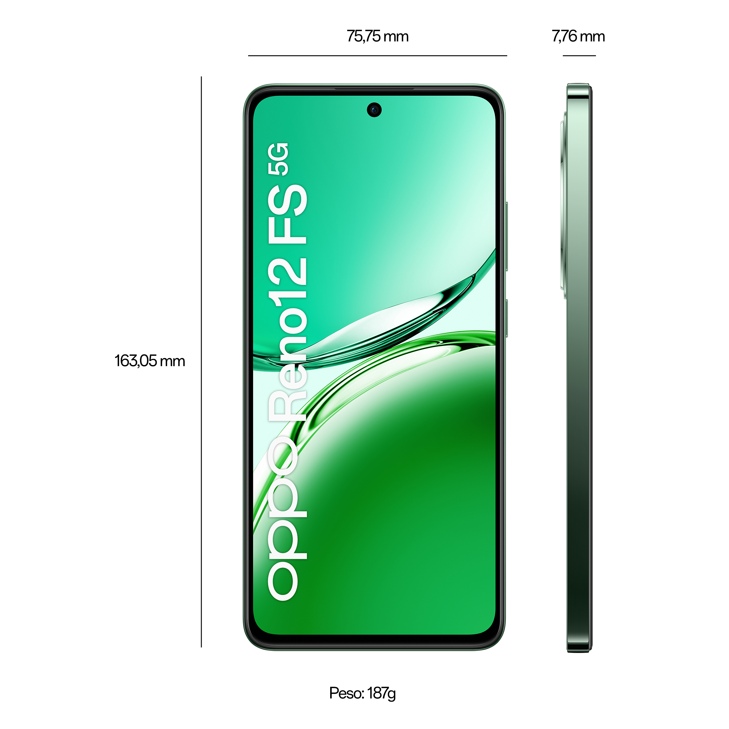 Telefon z zielonym gradientem i białym tekstem: Oppo Reno12 FS 5G. Widok z boku. Wymiary: 163,05 mm, 7,76 mm i 187 g.