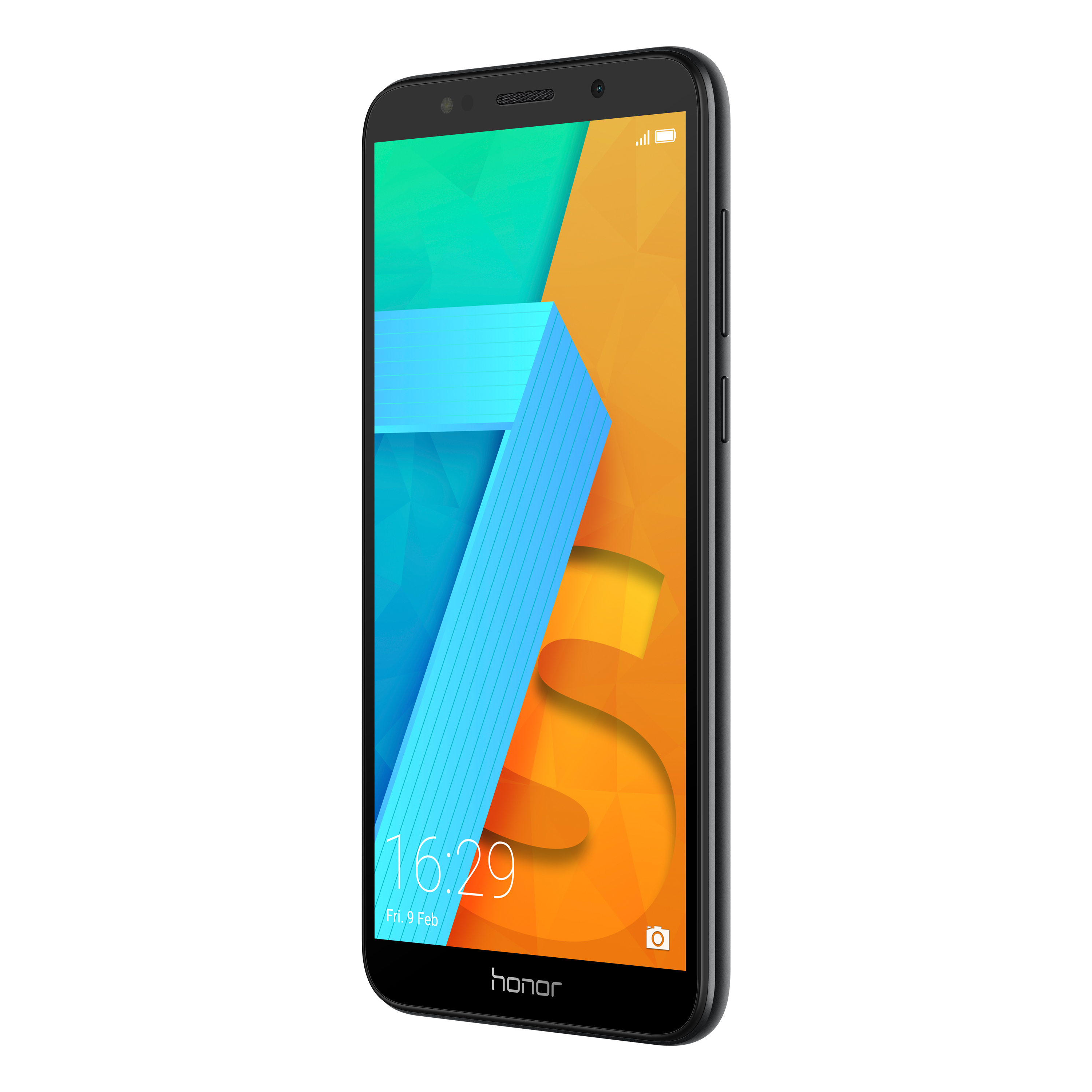 Ein schwarzes Smartphone mit farbenfrohem Display, das grüne, orange und blaue Formen zeigt. Weißer Hintergrund.