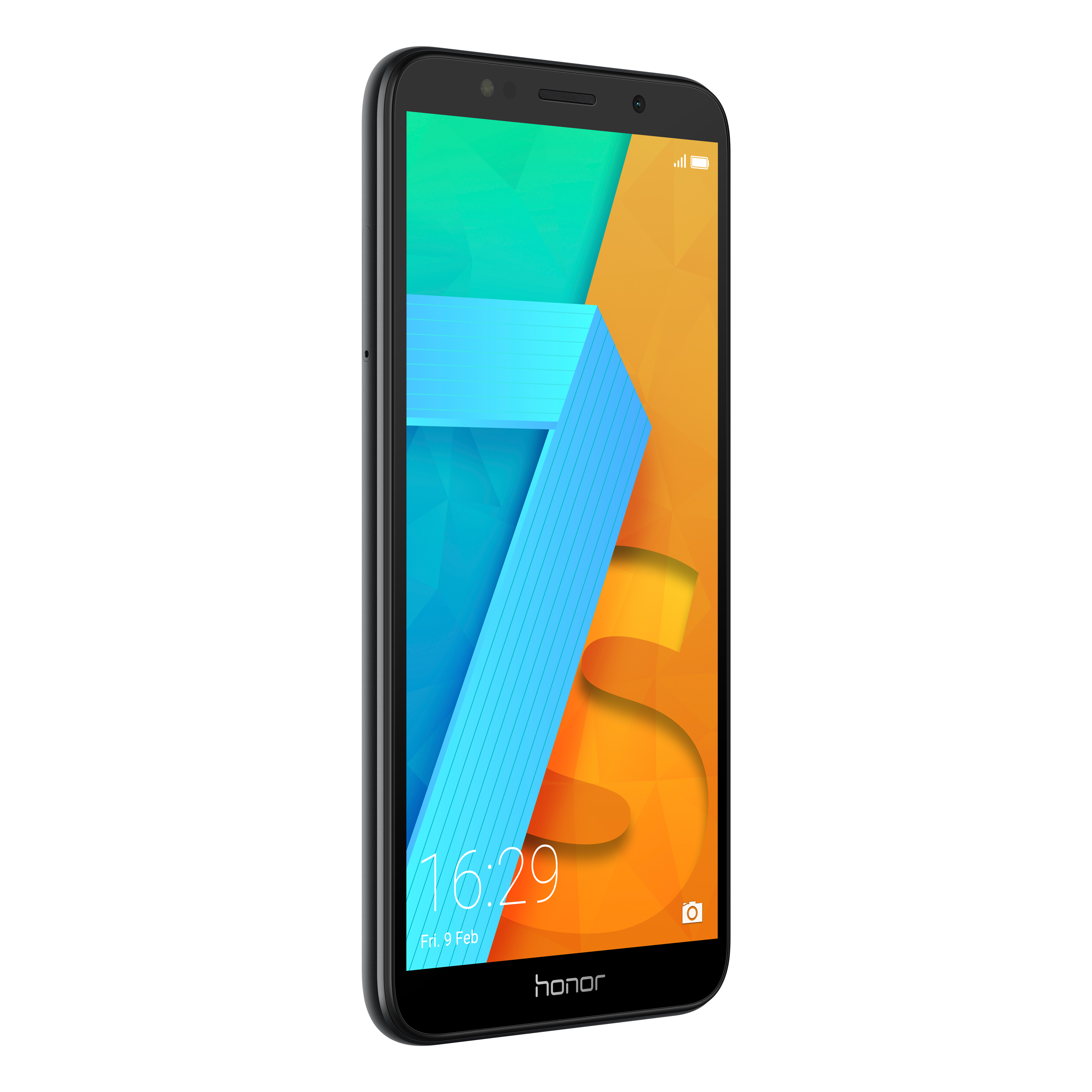Schwarzes Honor Smartphone mit farbenfrohem geometrischen Design auf dem Bildschirm. Orange und blaue Formen. Weißer HG.