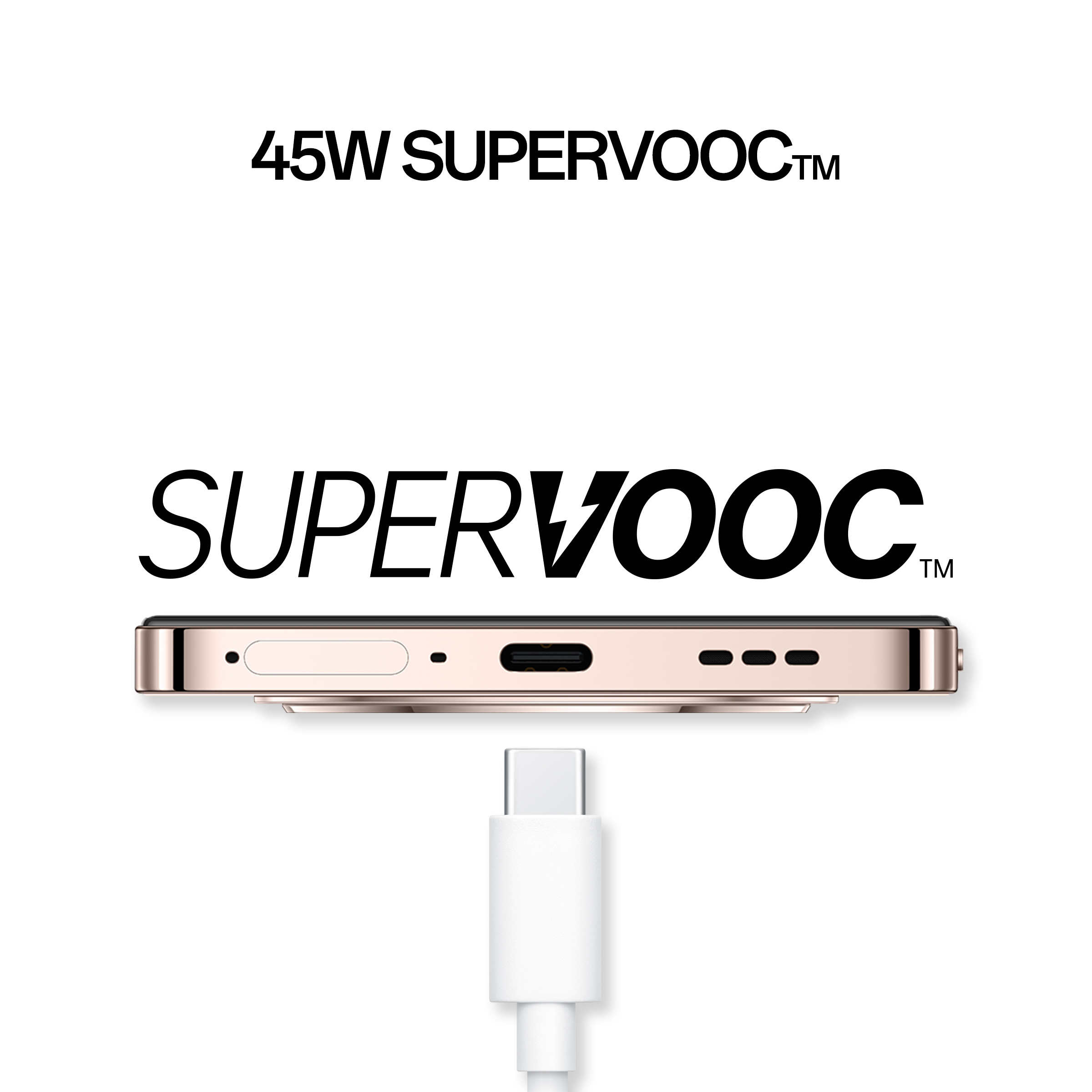 Dół telefonu z portem ładowania i tekstem informującym o ładowaniu SuperVooc 45W.