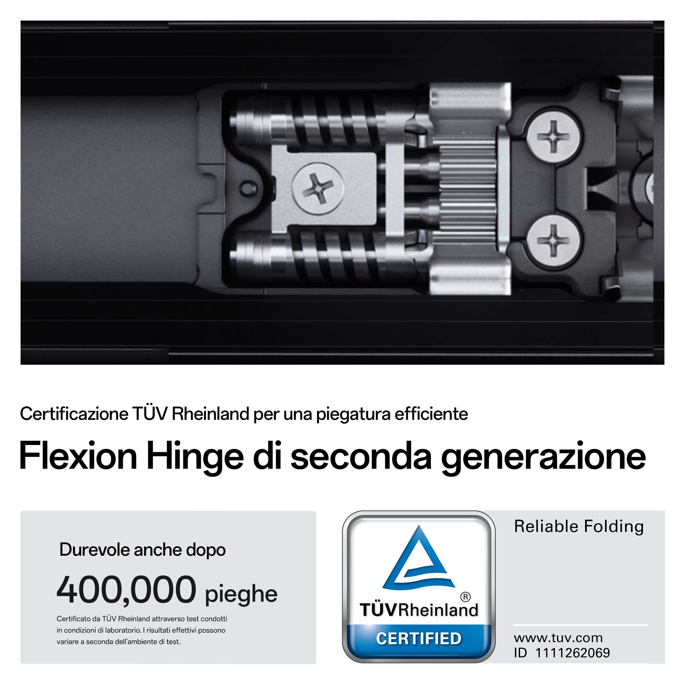 Zbliżenie metalowego mechanizmu zawiasów z tekstem o składaniu i trwałości. Białe tło.