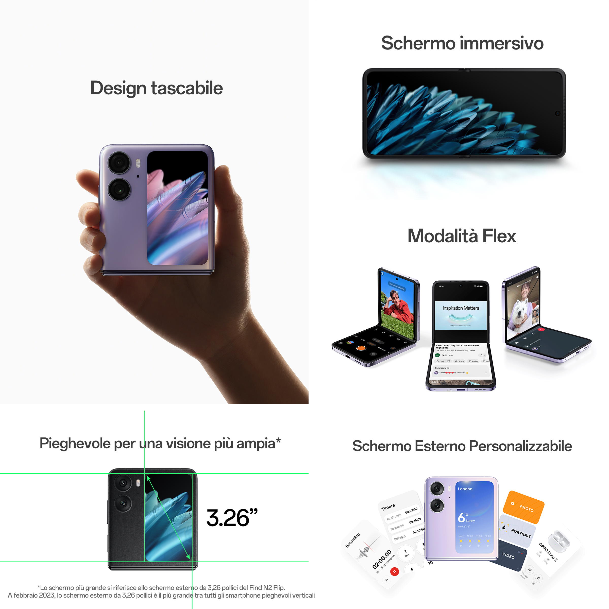 Kolaż składanego telefonu w dłoni, tryby i widoki ekranu zewnętrznego na białym tle.