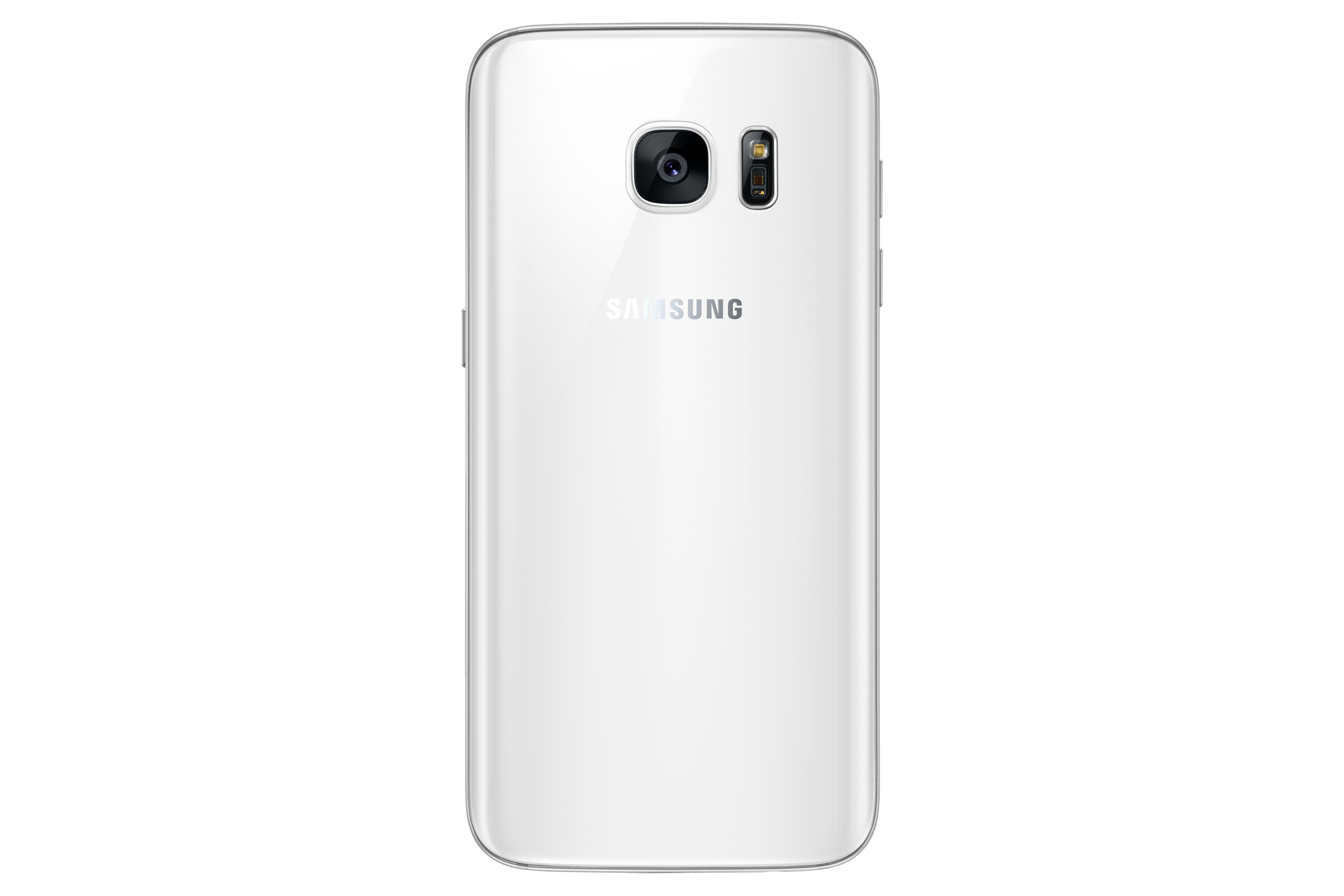 Rückseite eines weißen Samsung-Telefons, Kamera und Logo sichtbar.