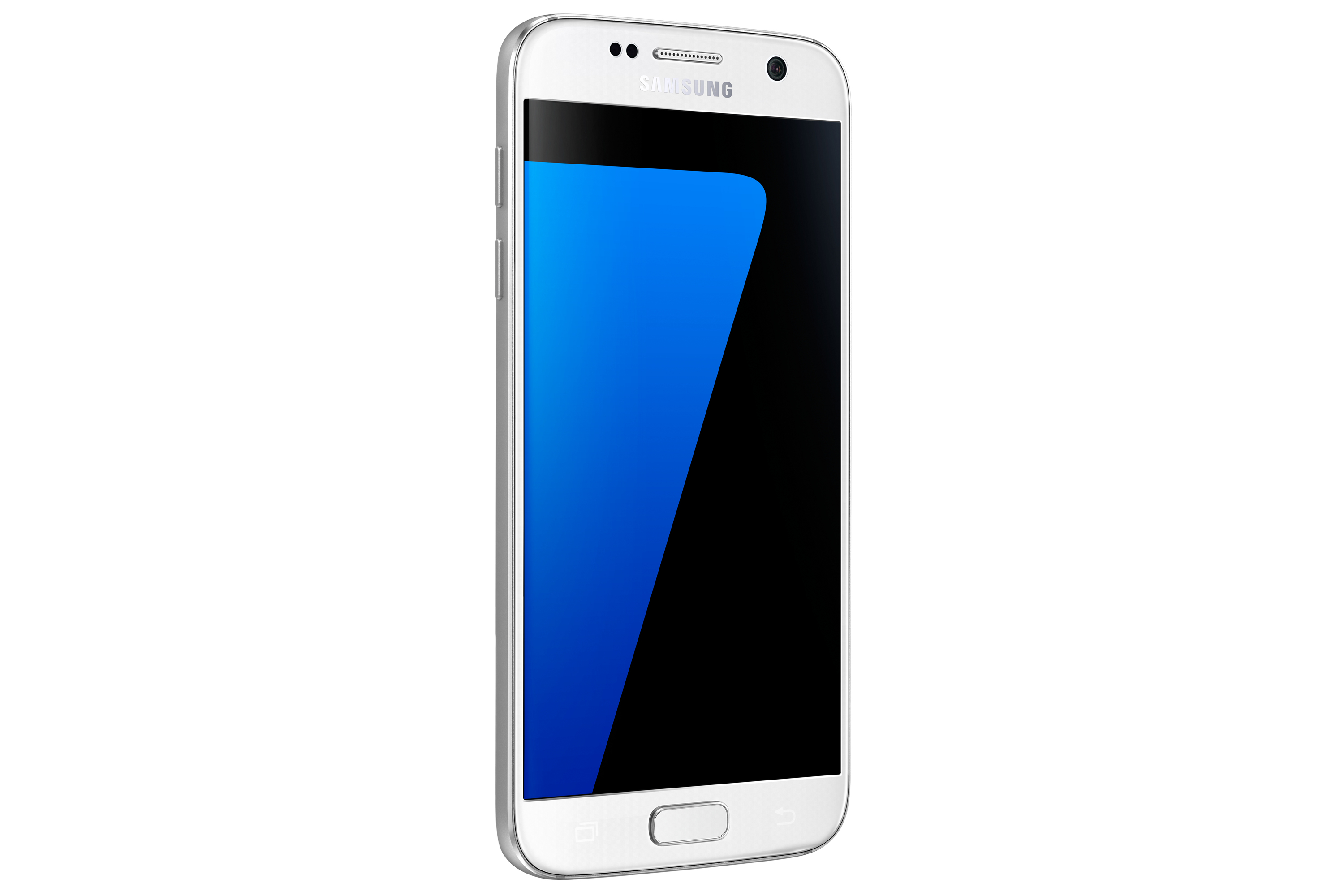 Ein weißes Telefon zeigt einen blau-schwarzen Bildschirm. Das Telefon ist an den Seiten silberfarben und hat ein Samsung-Logo.