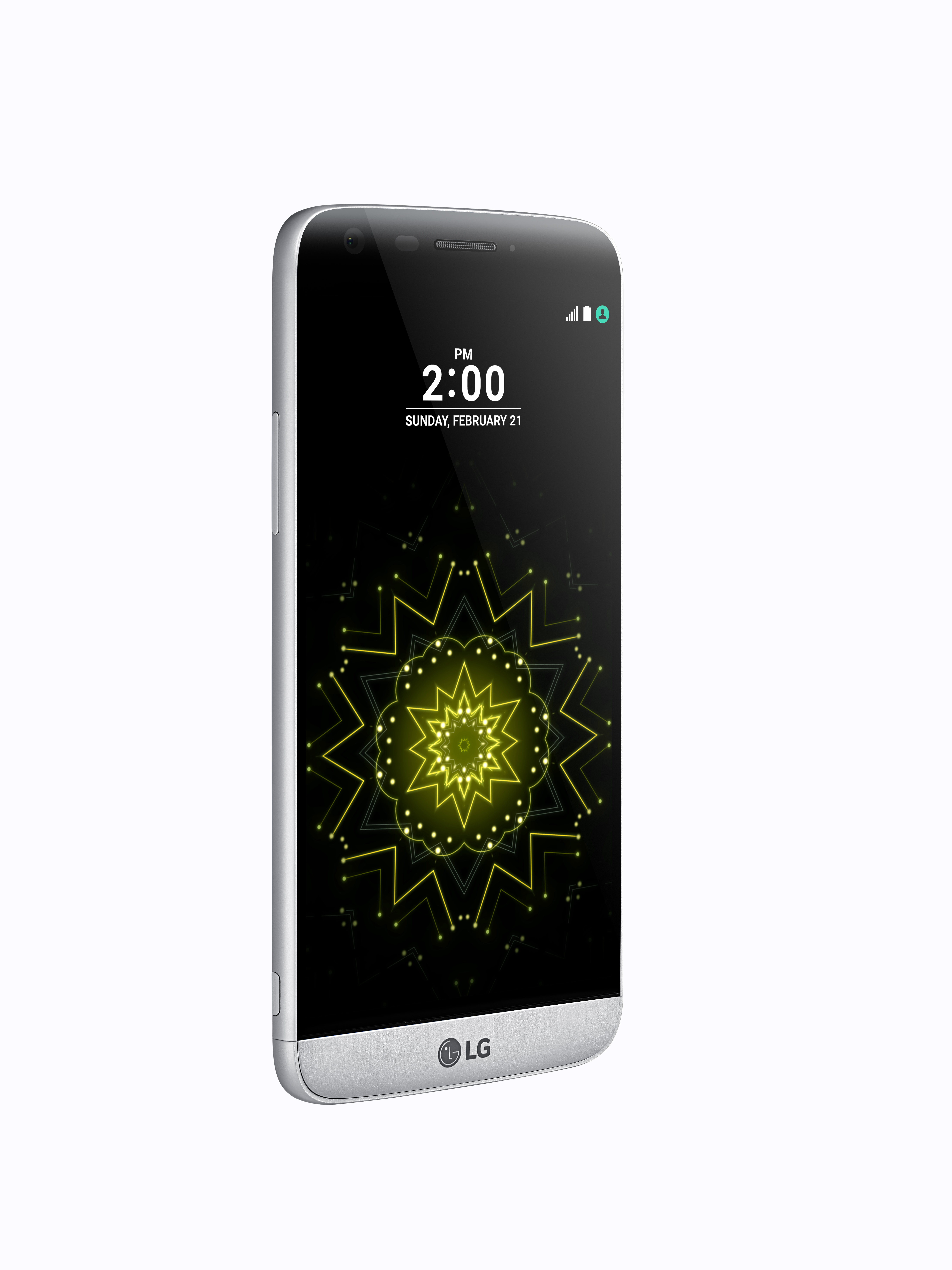 Silbernes LG-Telefon, schräge Ansicht. Der Bildschirm zeigt die Uhrzeit und ein gelbes Sternmuster.