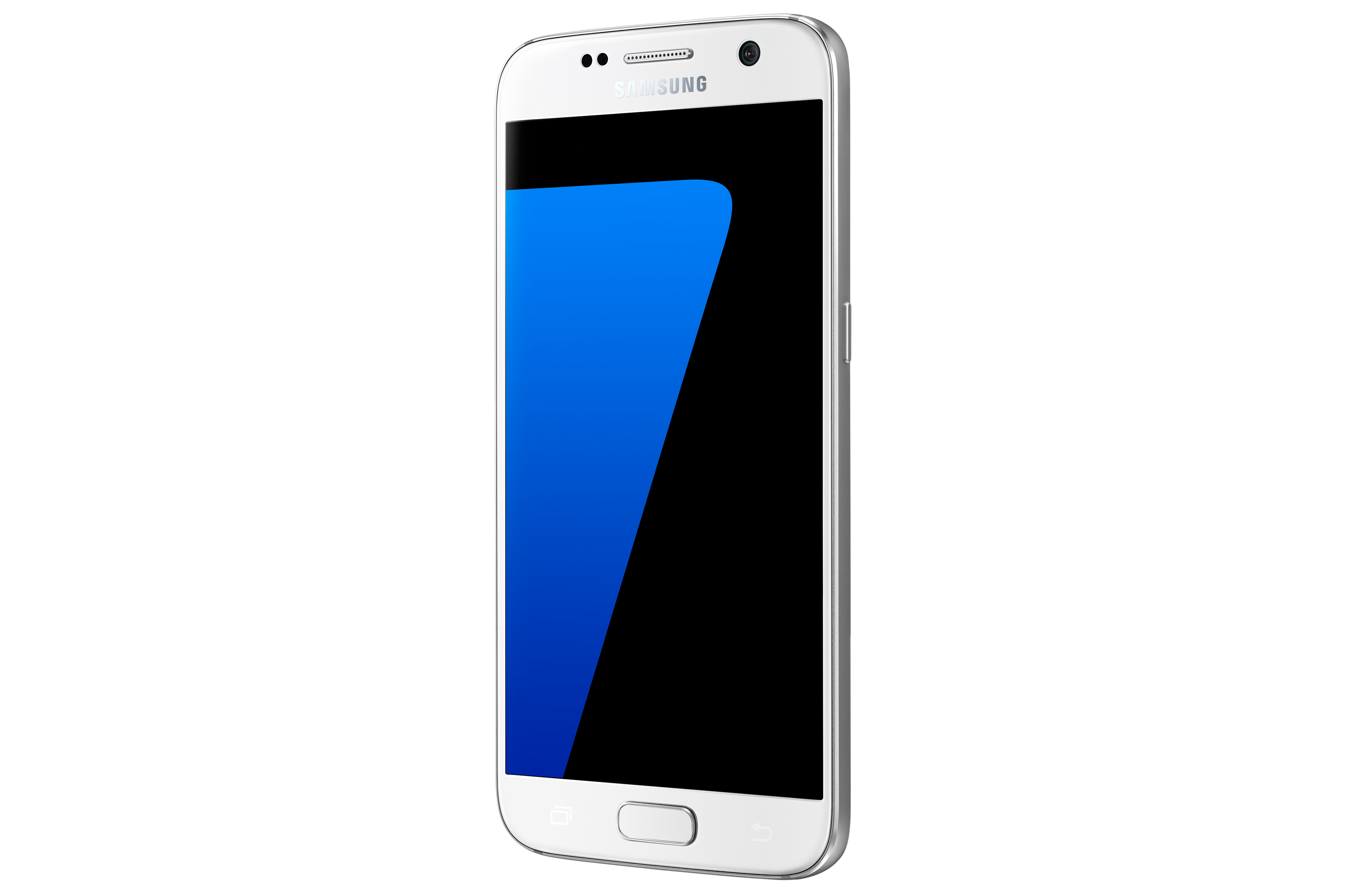 Silbernes Samsung-Telefon. Schwarzer Bildschirm mit blauem 7-Design.