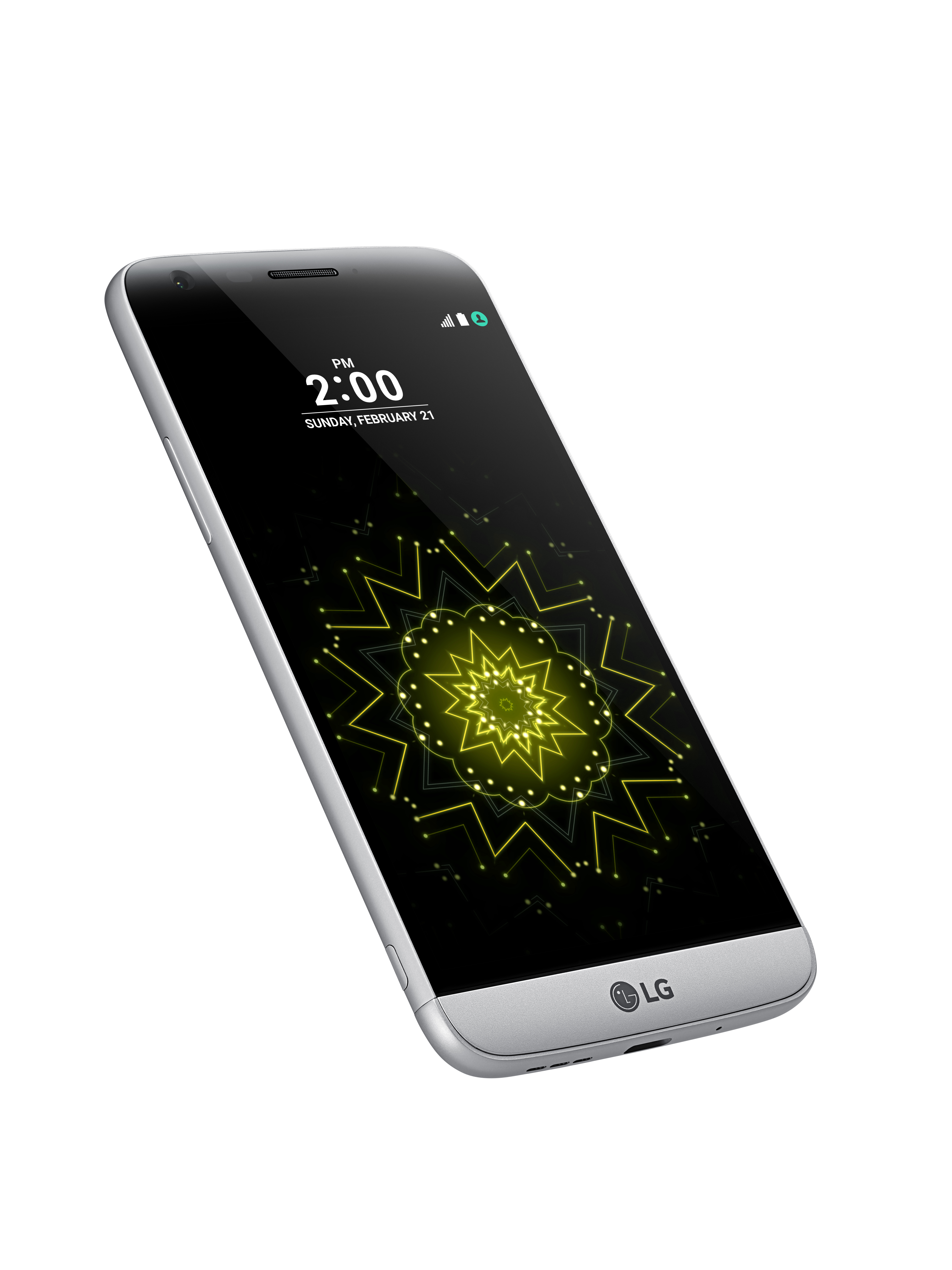 Silbernes LG-Telefon mit schwarzem Bildschirm, der die Uhrzeit anzeigt. Abgewinkelt. Weißer Hintergrund.
