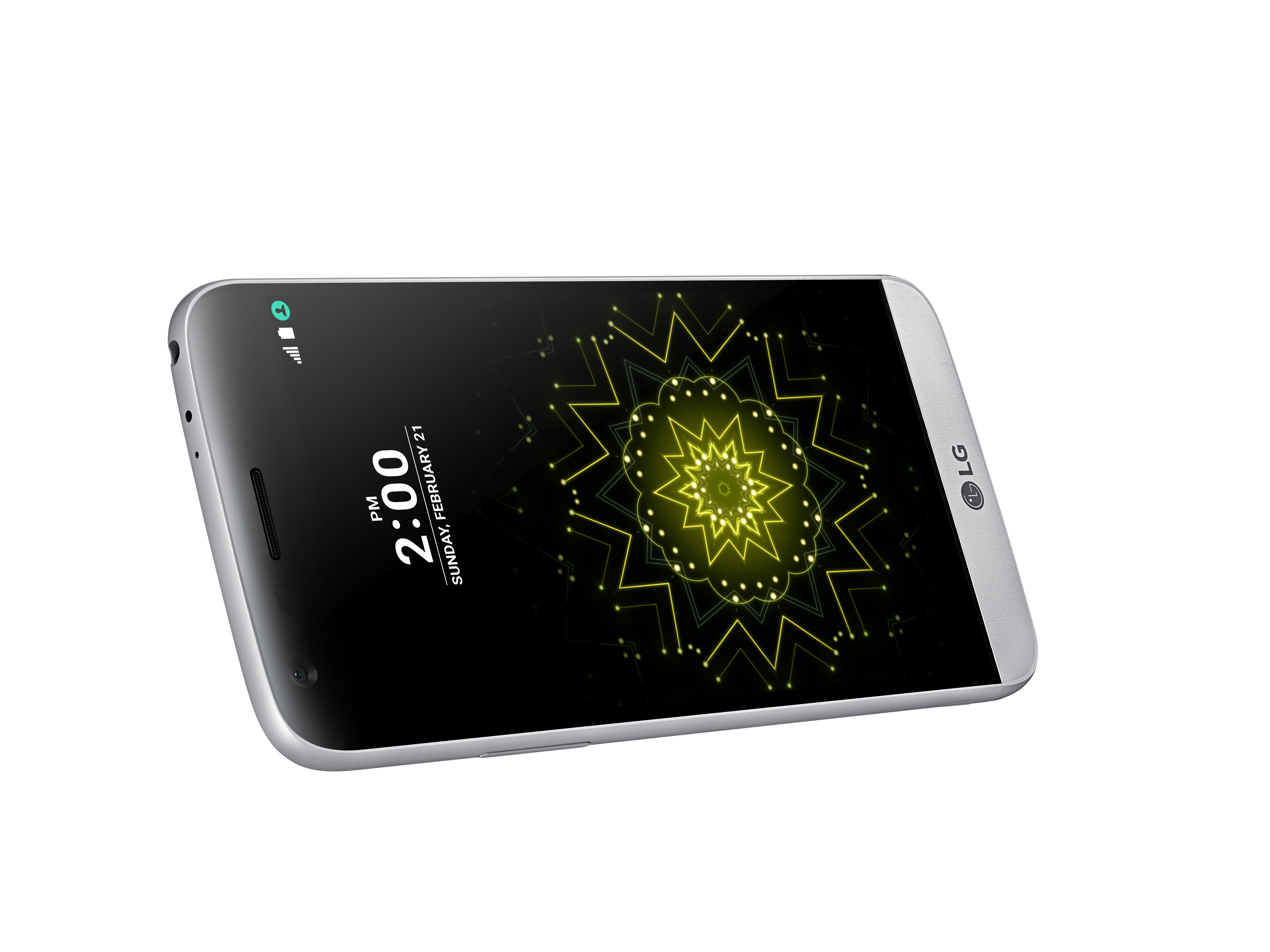 Silbernes Smartphone angewinkelt, zeigt ein leuchtendes gelbes kreisförmiges Design auf dem Bildschirm.