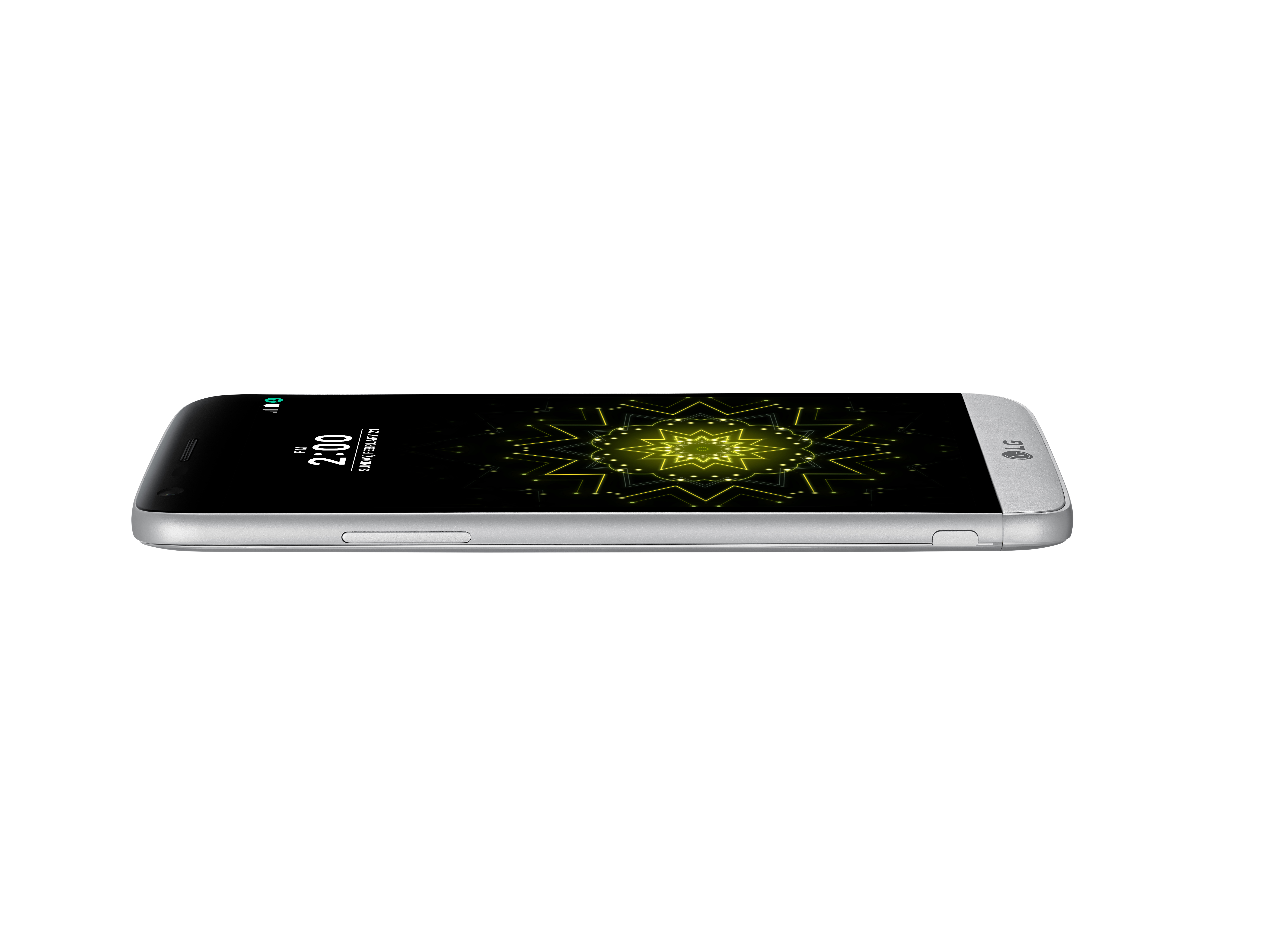 Seitenansicht eines silbernen Telefons. Der Bildschirm zeigt die Uhrzeit. Das Telefon ist auf weißem Hintergrund.