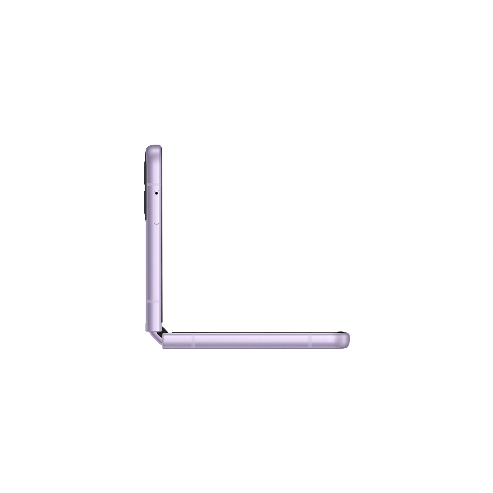 Fioletowy smartfon złożony na pół. Telefon jest na białym tle i jest pokazany z boku.