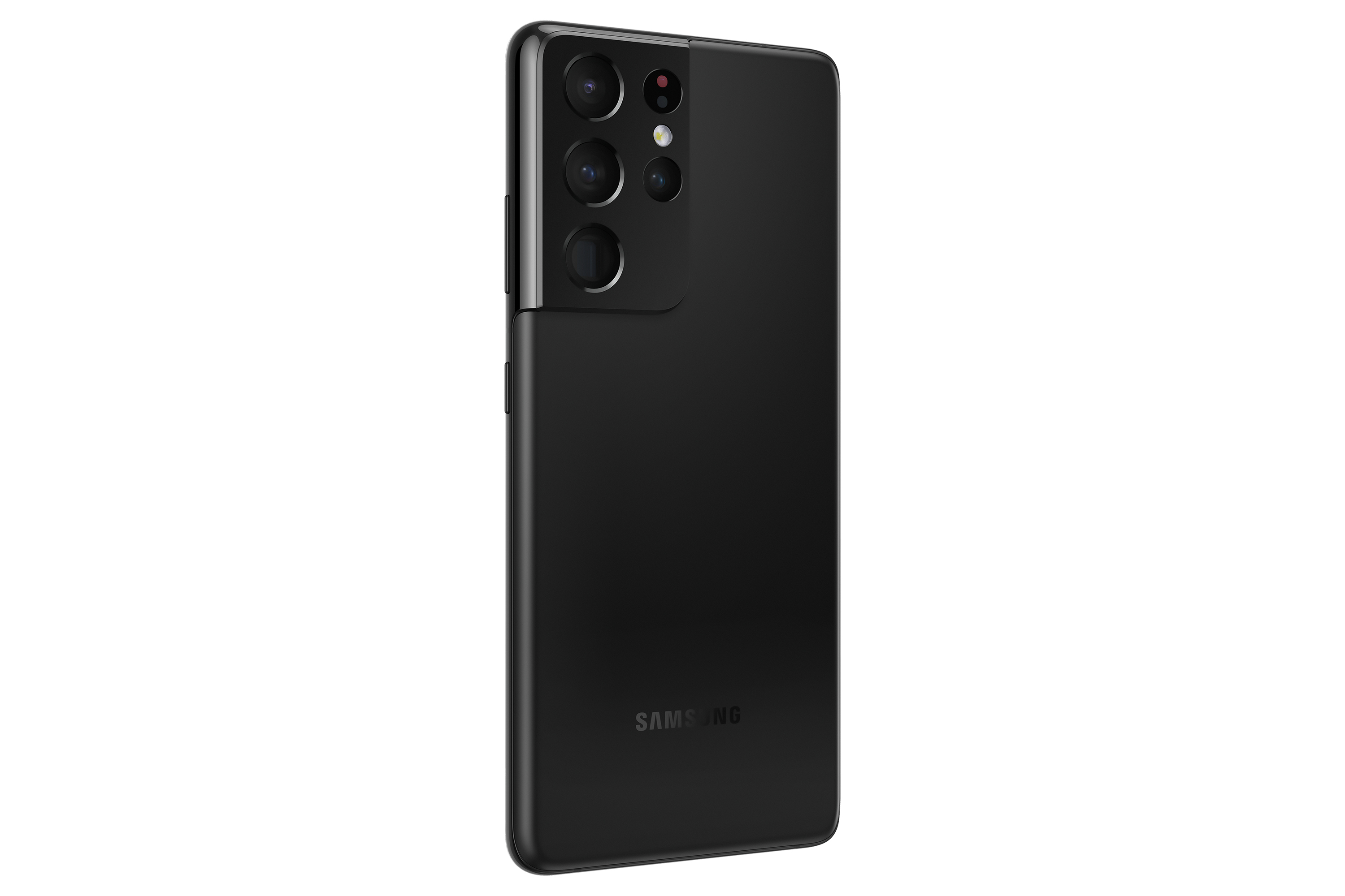 Schwarzes Samsung-Telefon mit Kameraanordnung auf der Rückseite, weißer Hintergrund.