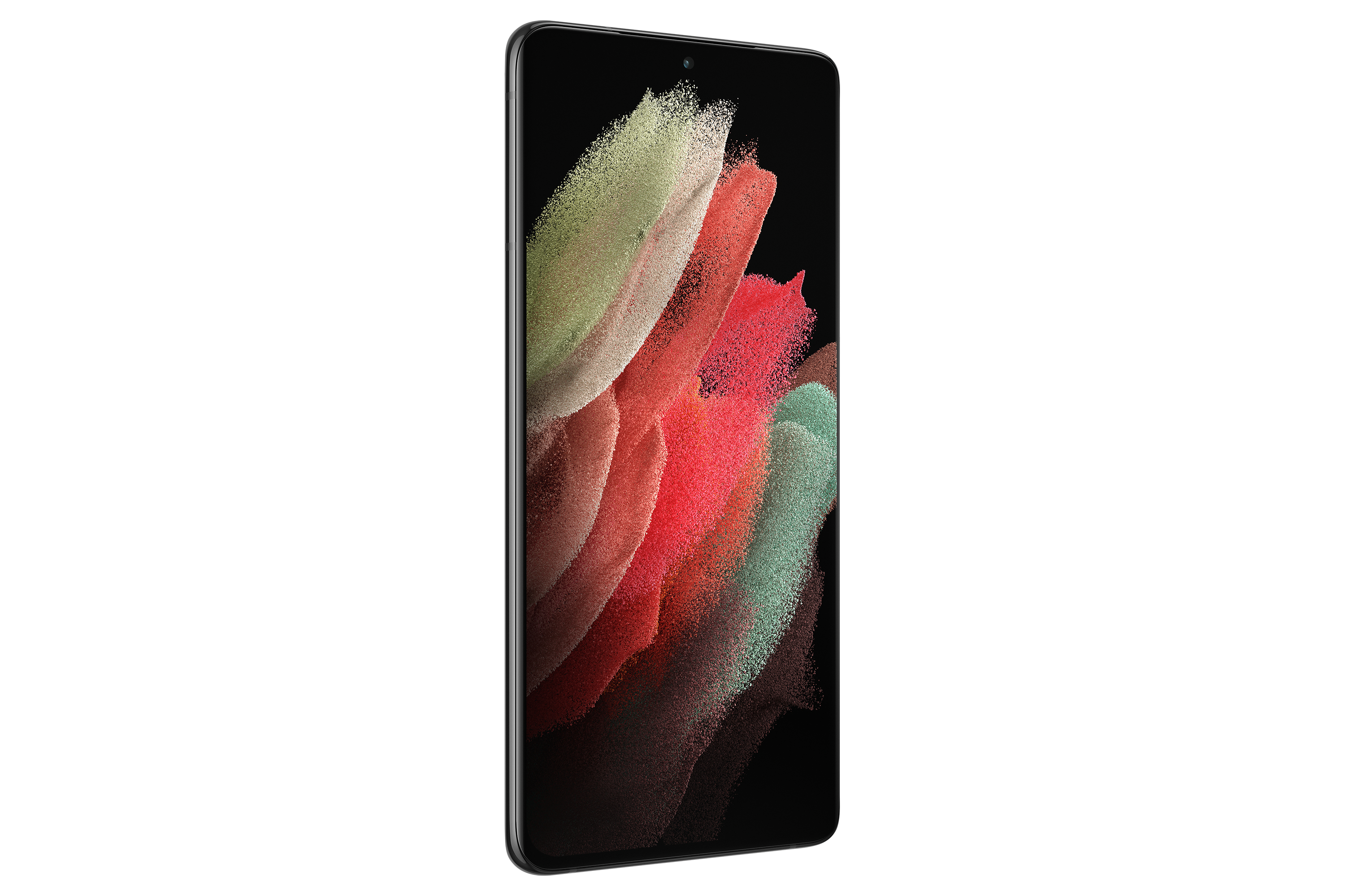 Ein schwarzes Smartphone zeigt ein abstraktes, farbenfrohes Design auf dem Bildschirm, mit weißem Hintergrund.
