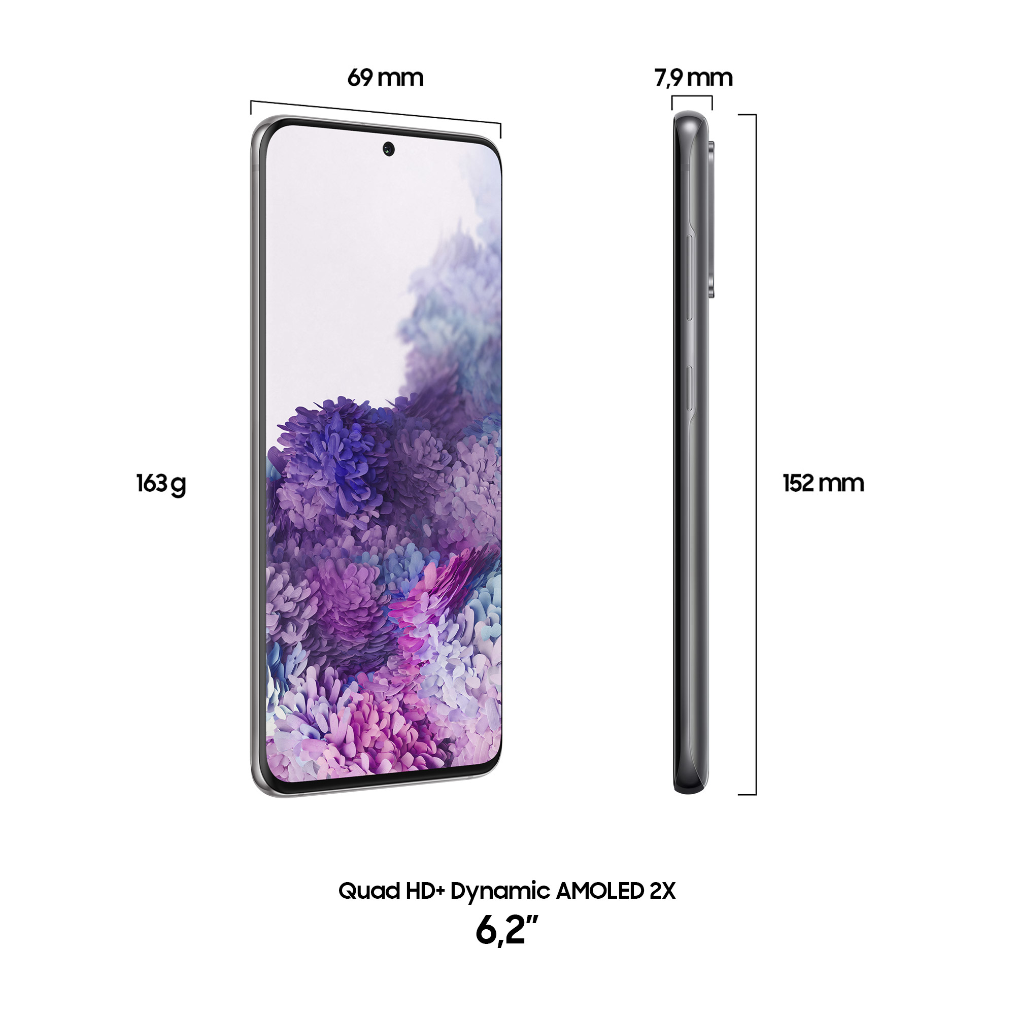 Ein Telefonbildschirm mit Abmessungen, Text und einem verschwommenen Hintergrund mit Blumen.
