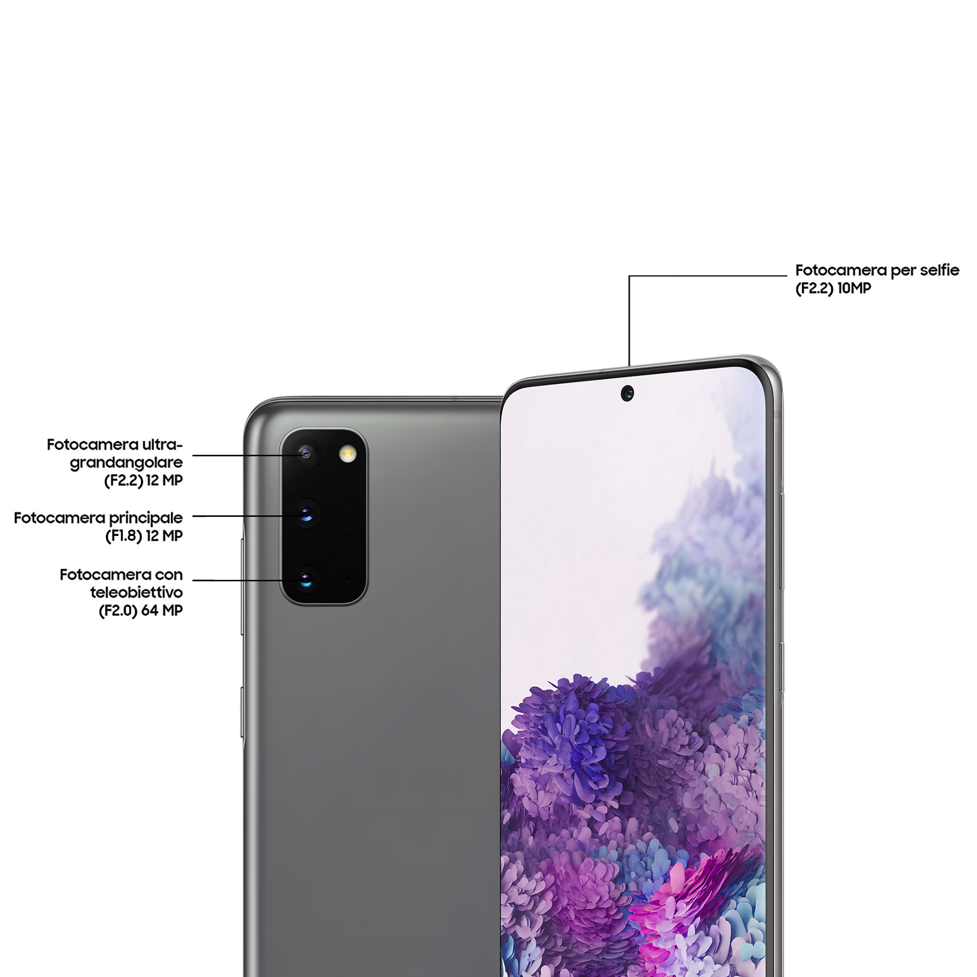 Graues Smartphone mit Kameradetails auf der Seite und dem Bildschirm. Weißer Hintergrund.