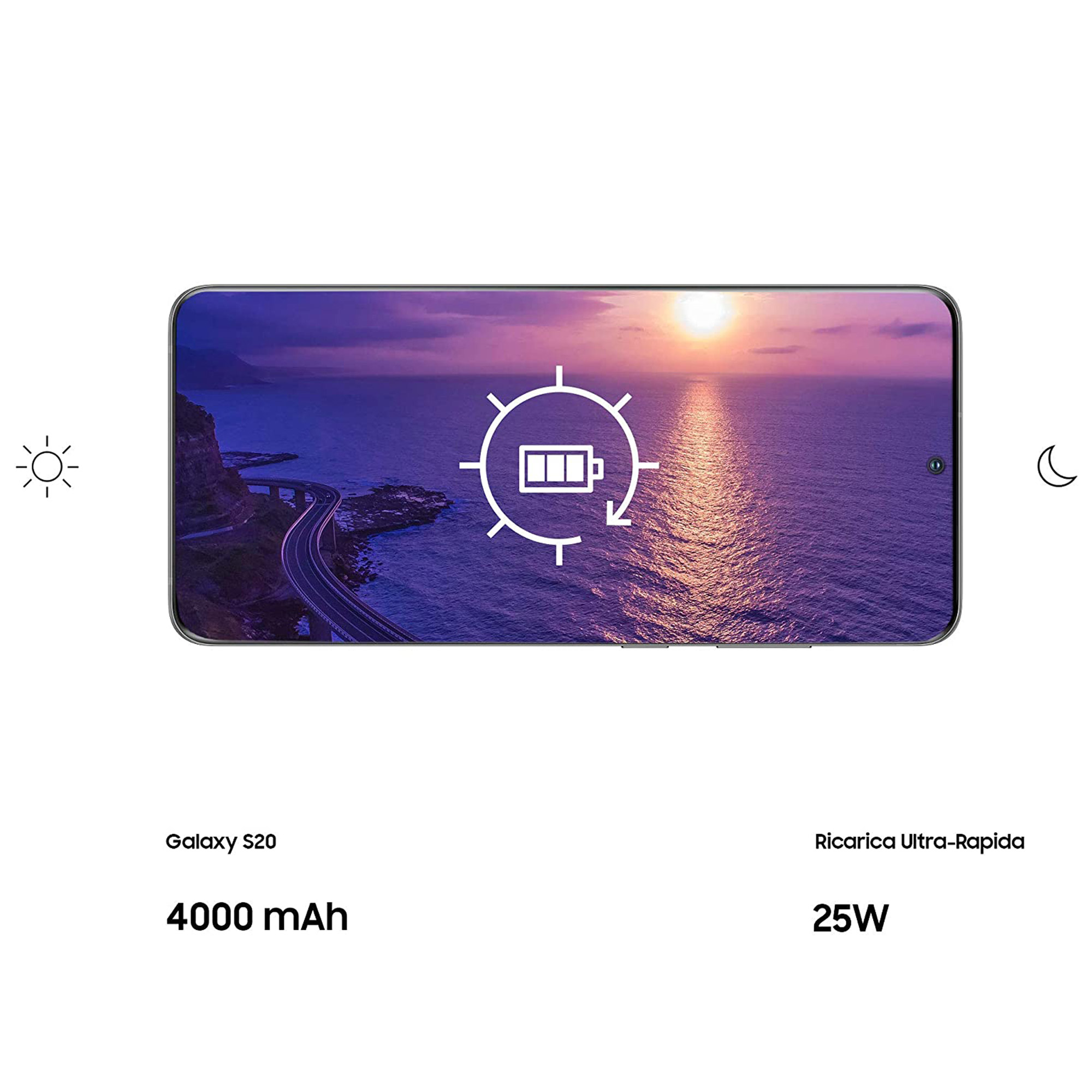 Ein Samsung Galaxy S20-Telefonbildschirm mit Sonnenuntergang über Wasser und Akkusymbol.