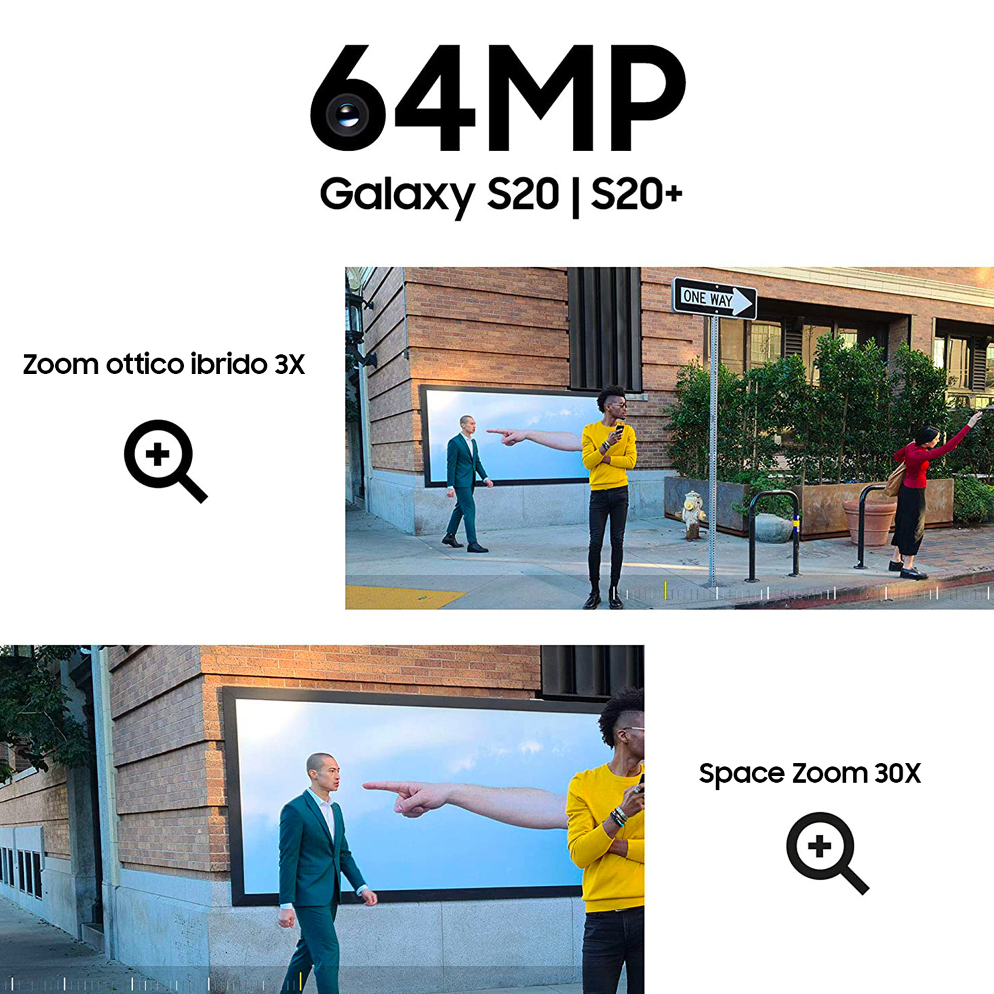 Bild, das ein 64MP Galaxy S20/S20+ mit Zoom-Funktionen zeigt. Enthält Stadtszenen und Zoom-Illustrationen.