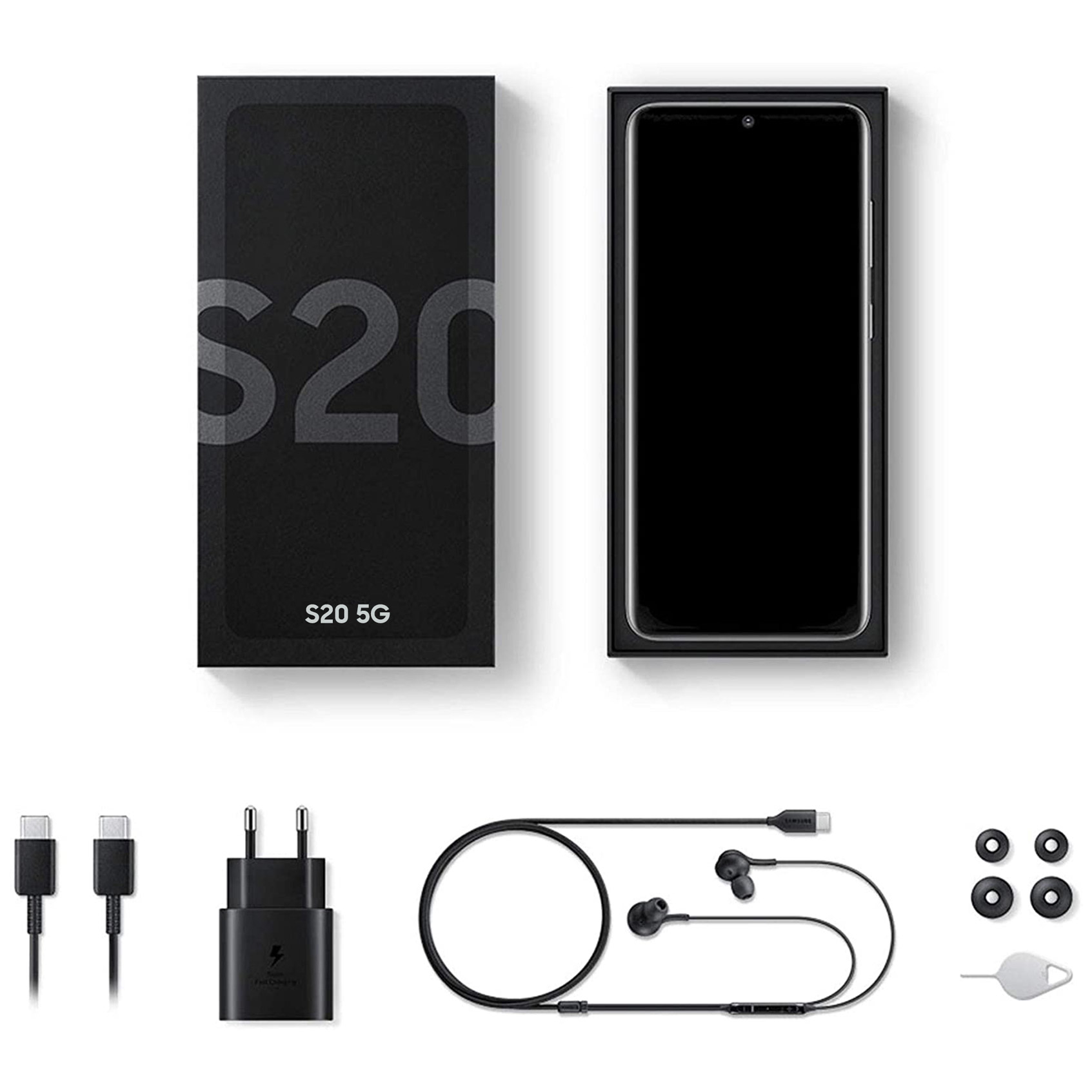 Samsung S20 in der Box, mit Zubehör. Ladegerät, Ohrhörer, Kabel und SIM-Auswerfer.
