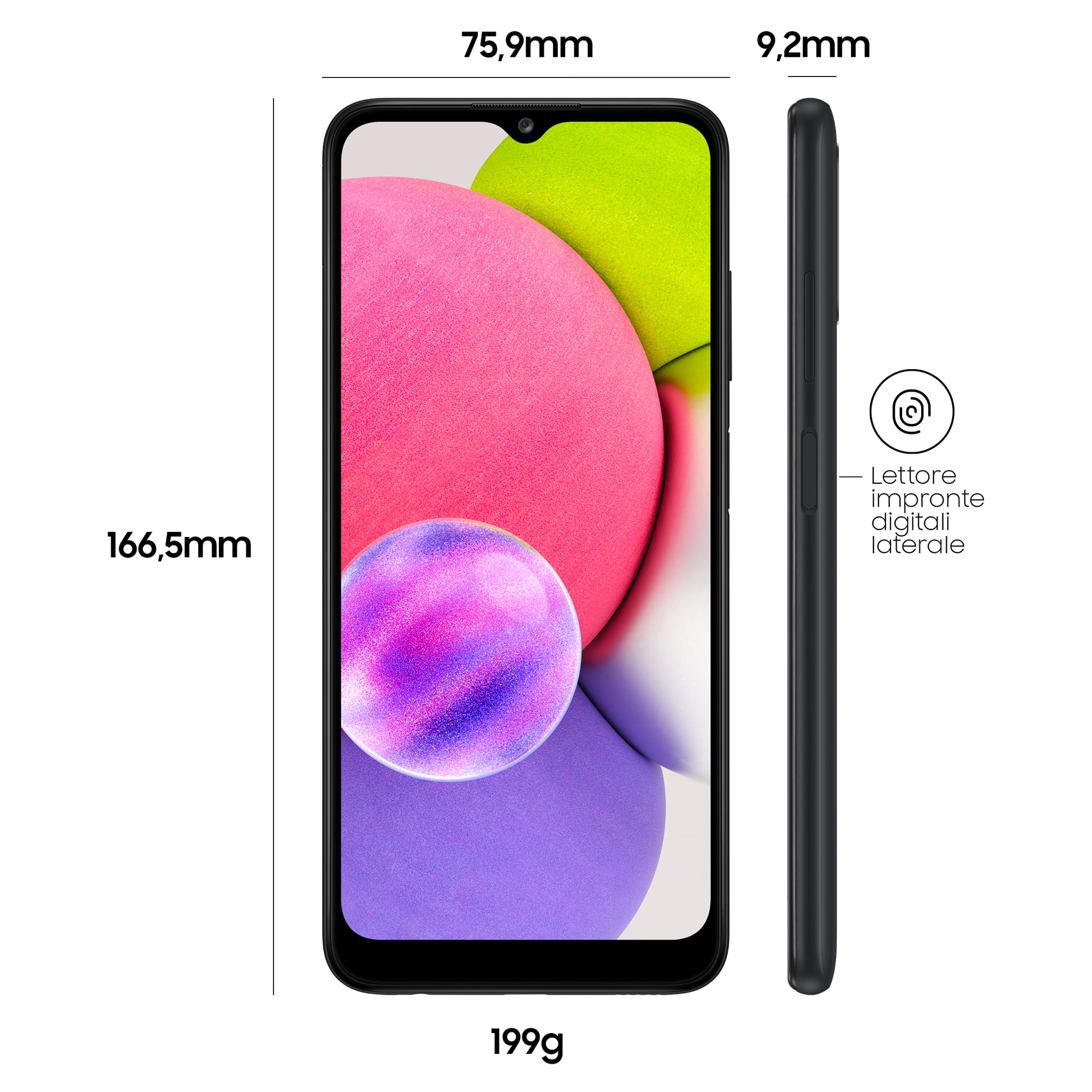 Smartfon z wymiarami. Widok z przodu, czarny z różowo-fioletowym tłem.