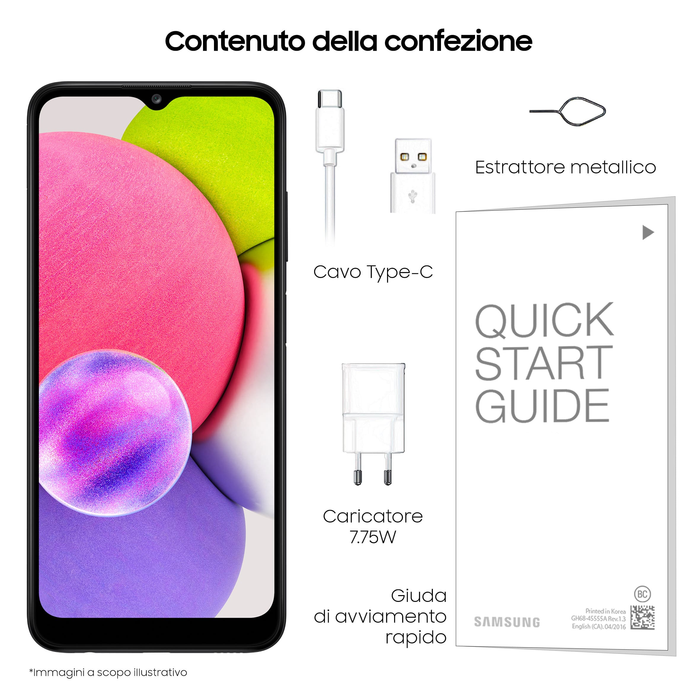 Zawartość pudełka: telefon, ładowarka, kabel, szpilka do wyjmowania i krótka instrukcja. Białe tło.