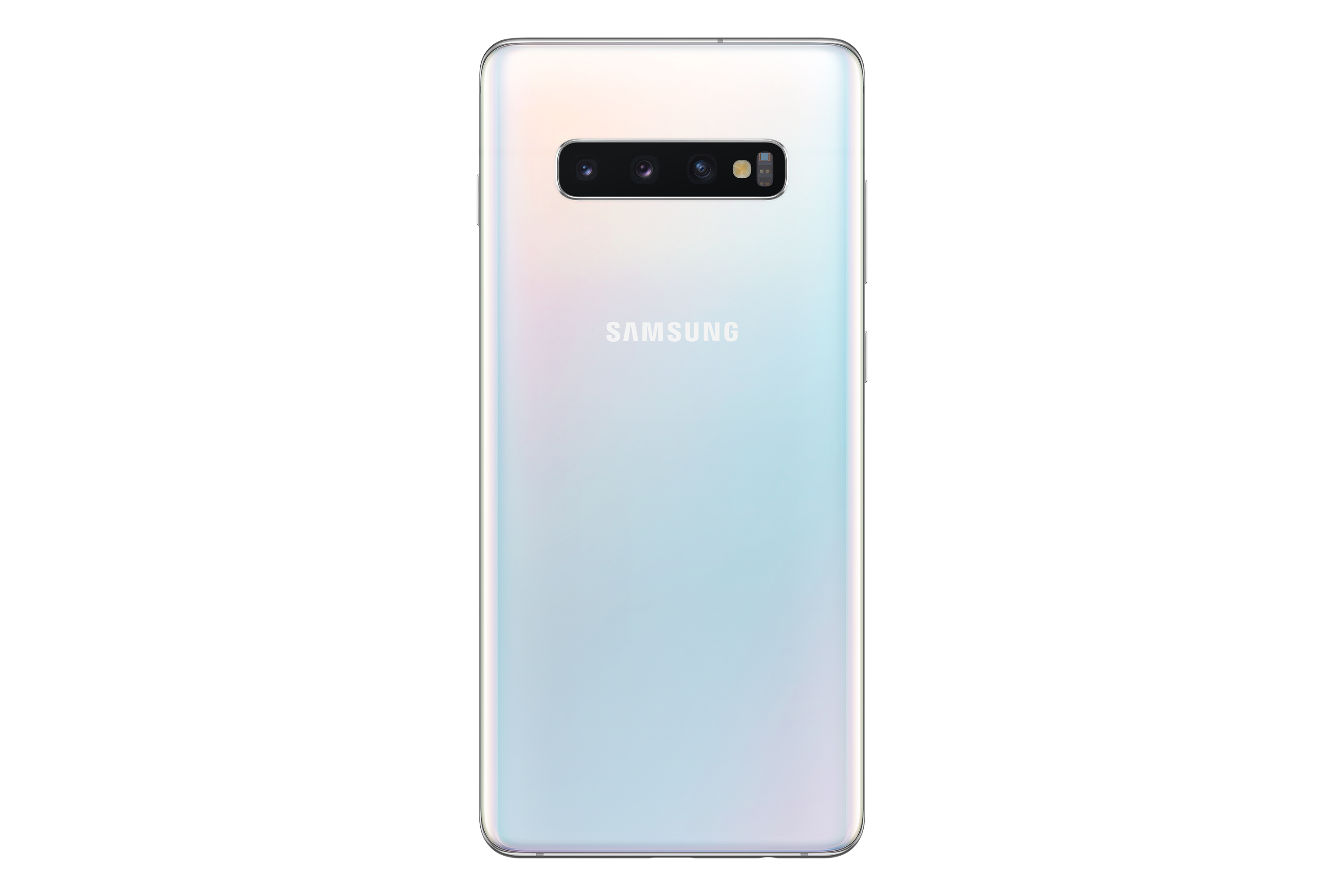 Rückseite eines weißen Smartphones mit Dreifachkameras und Samsung-Logo. Weißer Hintergrund.