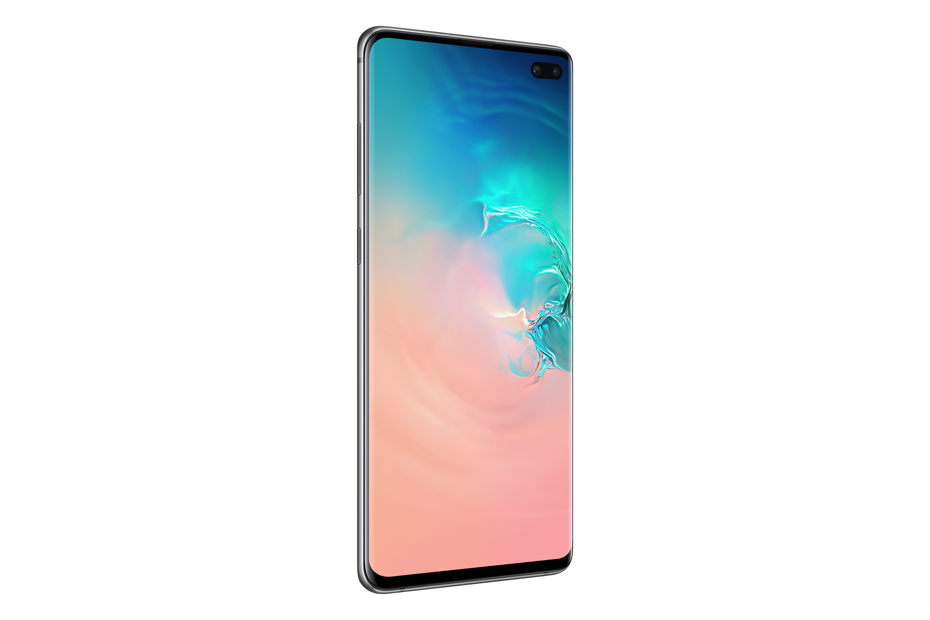 Ein schlankes Telefon mit gebogenem Bildschirm, das Farbverläufe von Blau, Türkis und Rosa zeigt.