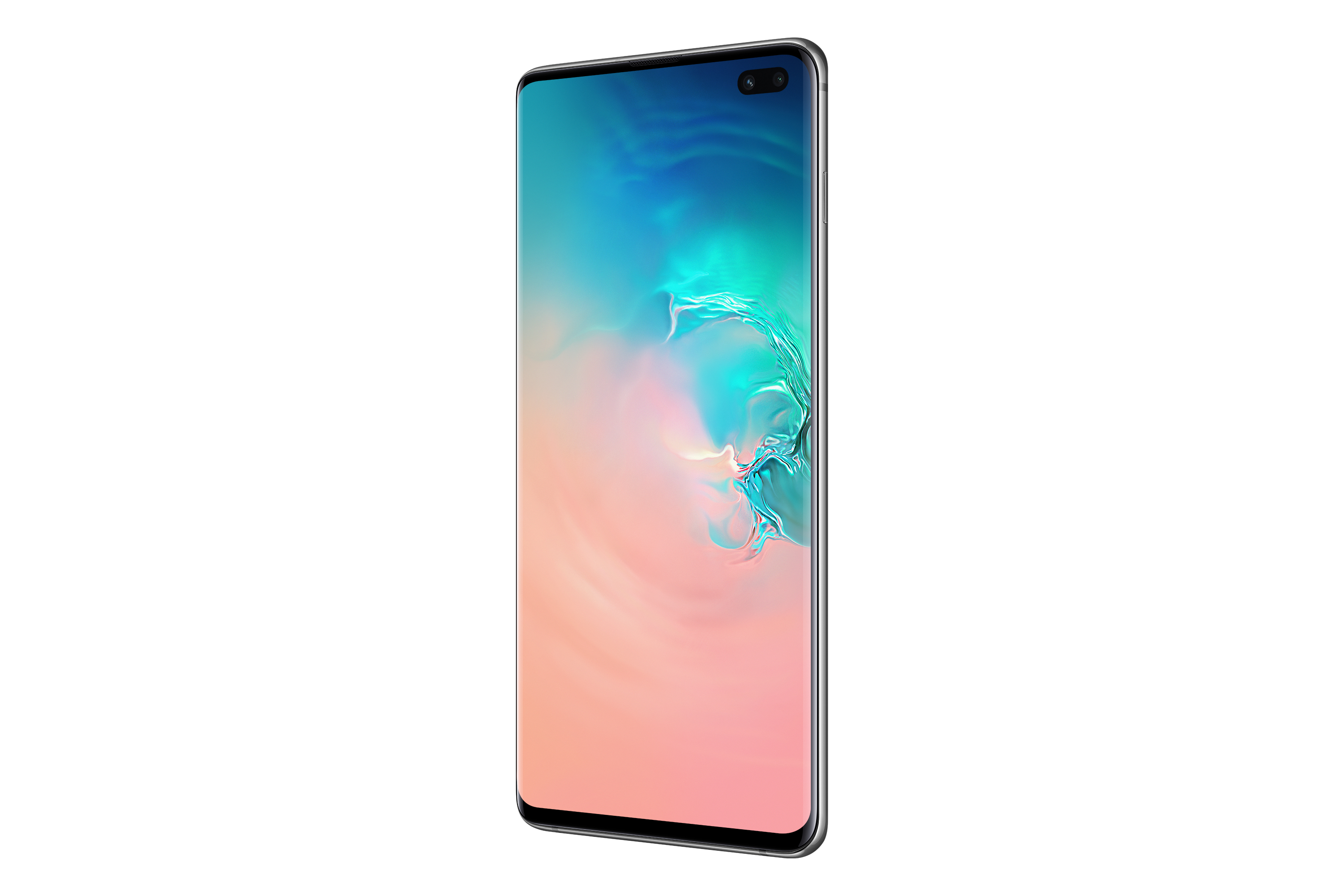 Samsung-Telefon, angewinkelte Ansicht, grüner und blauer Bildschirm, weißer Hintergrund.