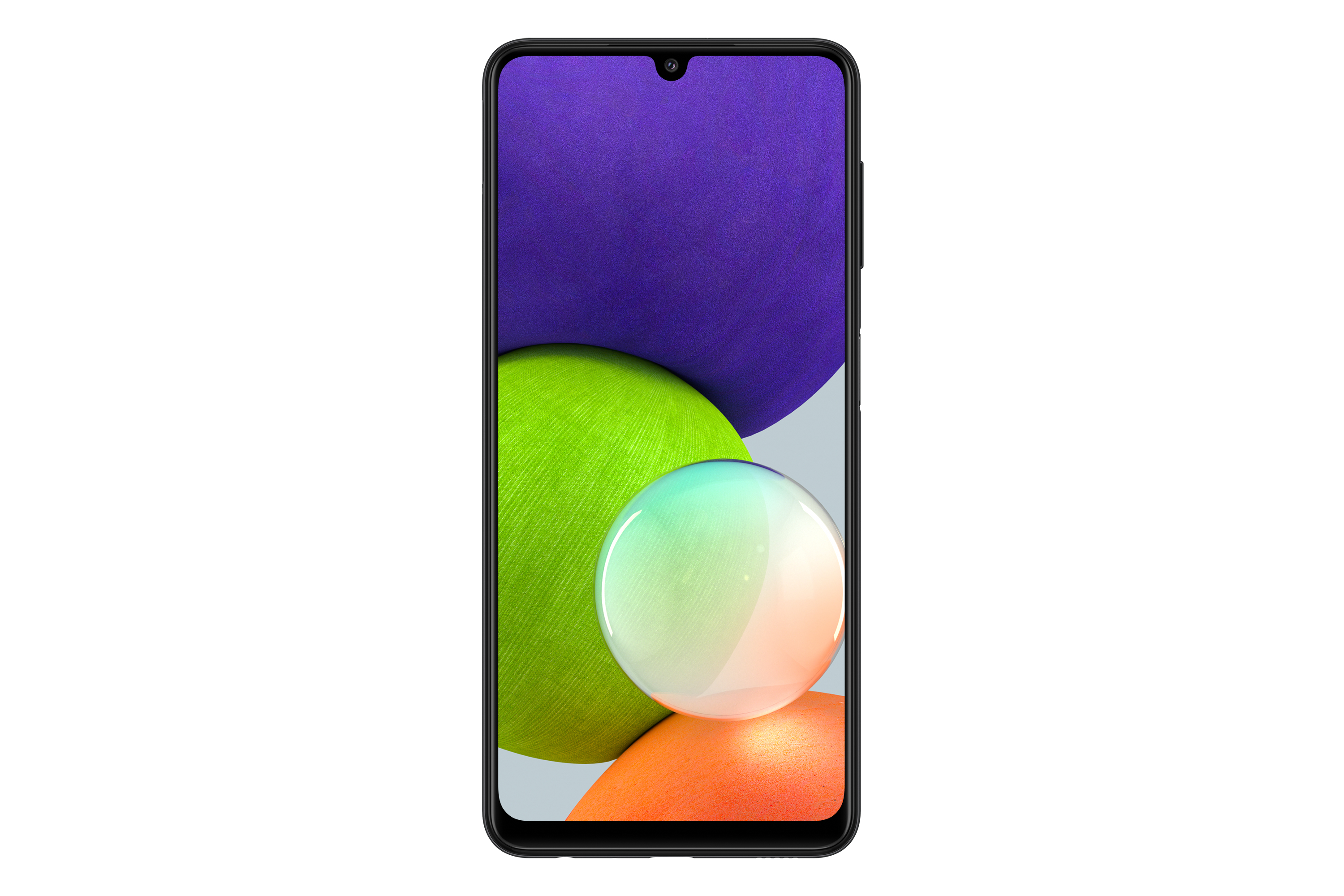 Schwarzes Samsung-Telefon. Vorderansicht. Farbenfroher Bildschirm mit abstraktem Design.