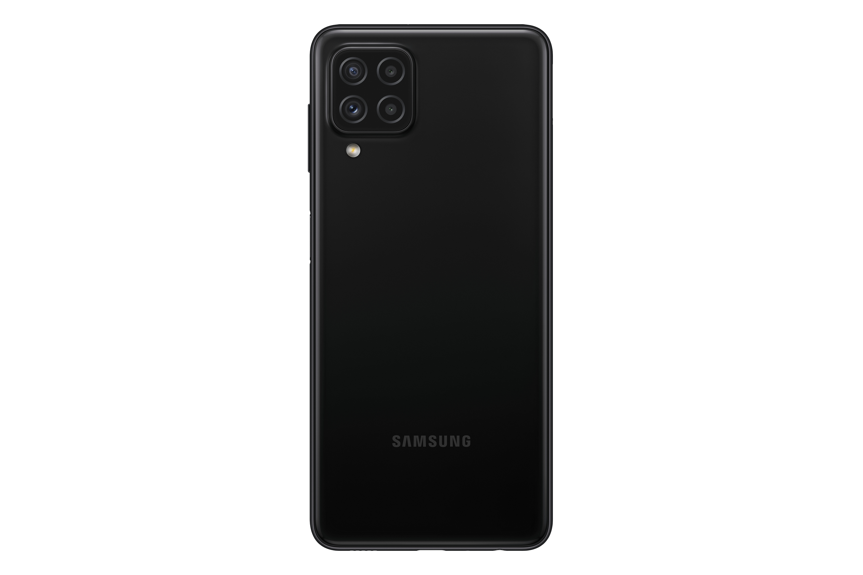 Die Rückseite eines schwarzen Telefons, mit einem Kameracluster und dem Samsung-Logo unten.