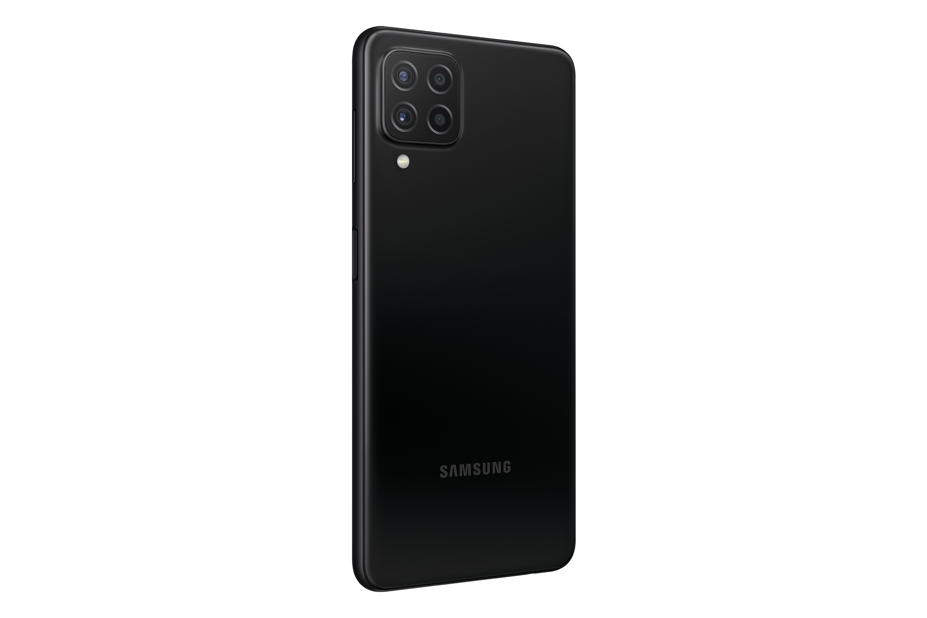 Schwarzes Samsung-Telefon, Rückansicht. Schwarzer Hintergrund.