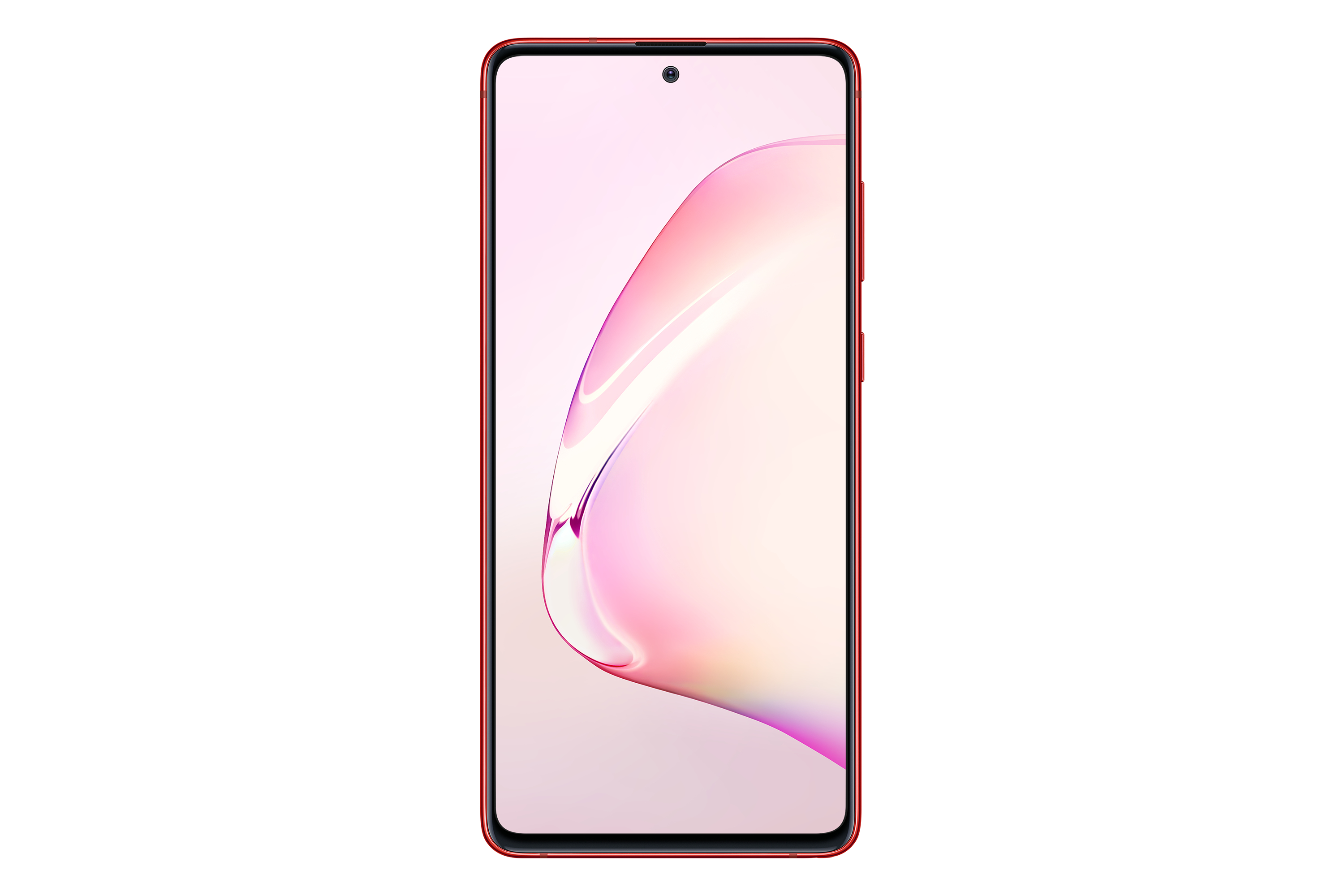 Rotes Telefon mit einem rosa-weißen Farbverlauf auf dem Bildschirm.