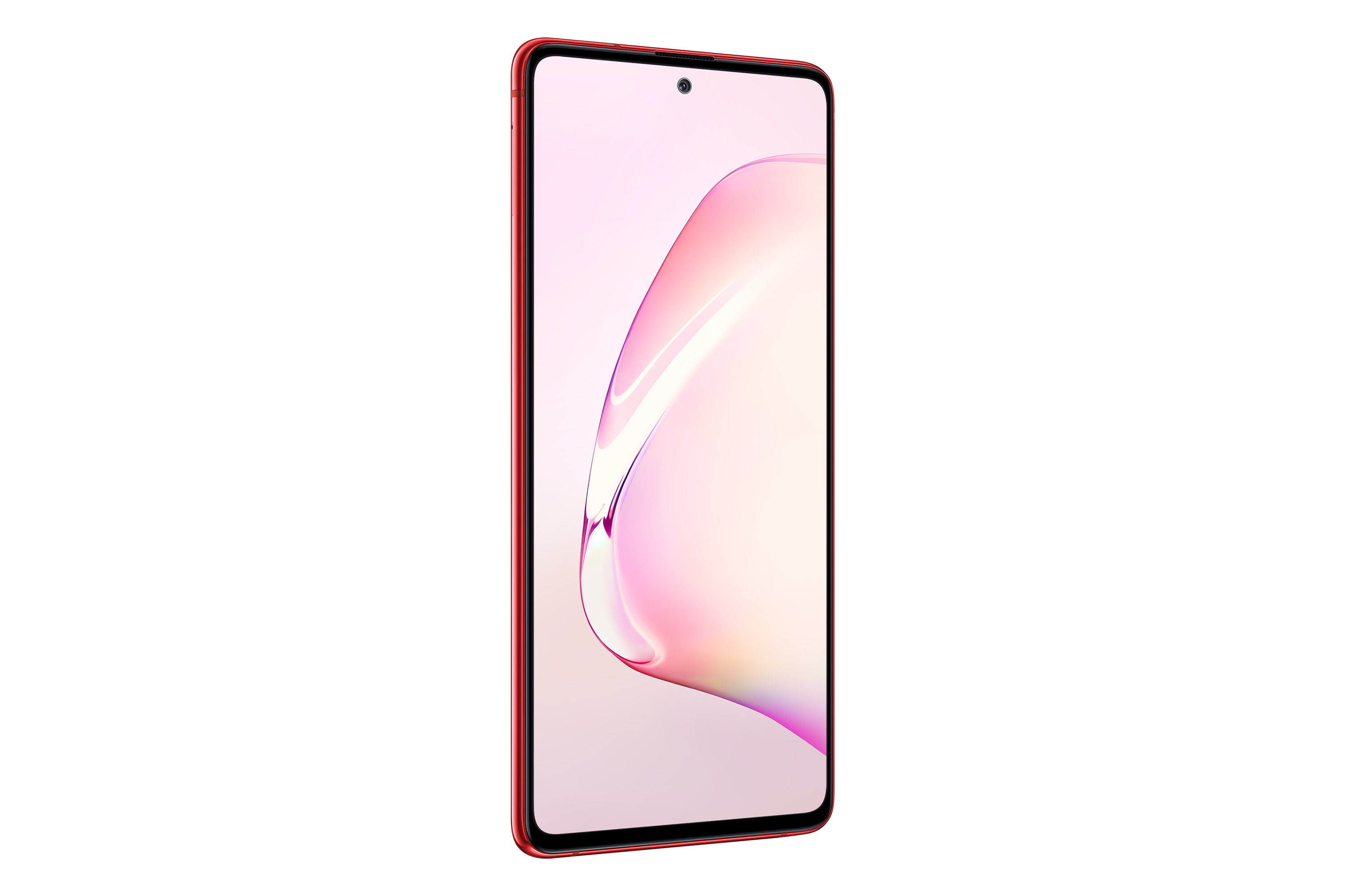 Ein rotes Smartphone mit einem Bildschirm, der einen rosa-violetten Farbverlauf zeigt, nach rechts abgewinkelt.