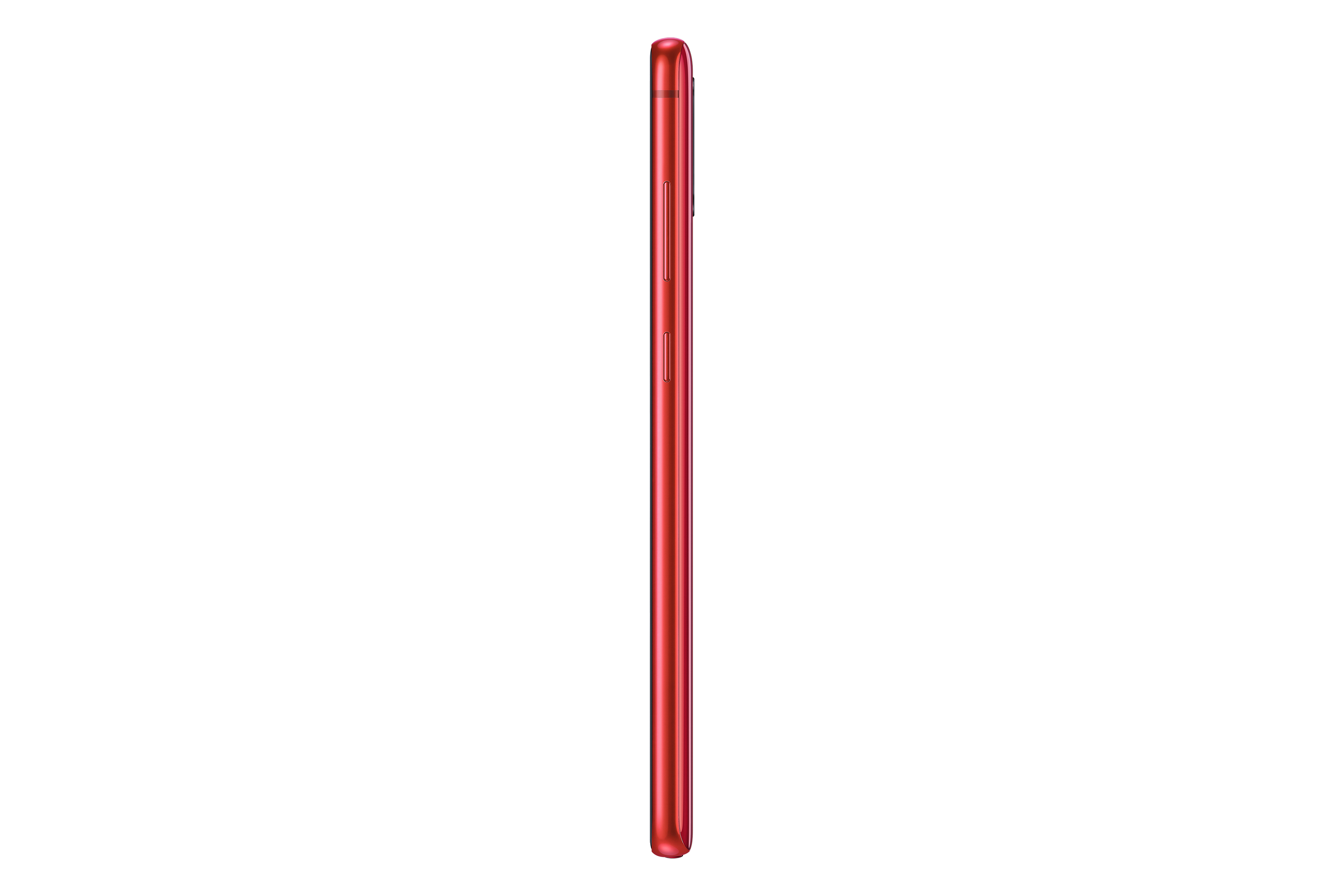 Rotes Telefon, Seitenansicht. Zeigt das Seitenprofil mit Tasten. Es hat ein schlankes Design.