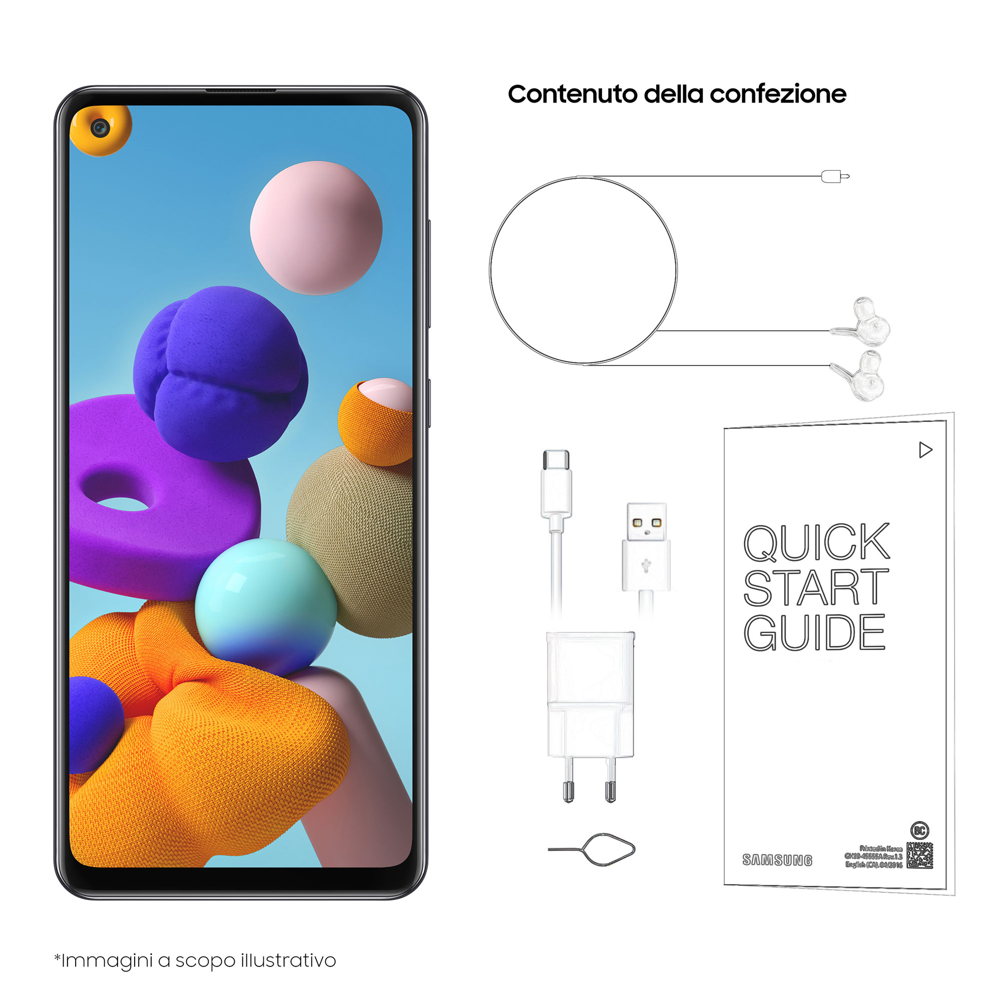 Smartphone e accessori, guida rapida, caricabatterie e altri elementi.