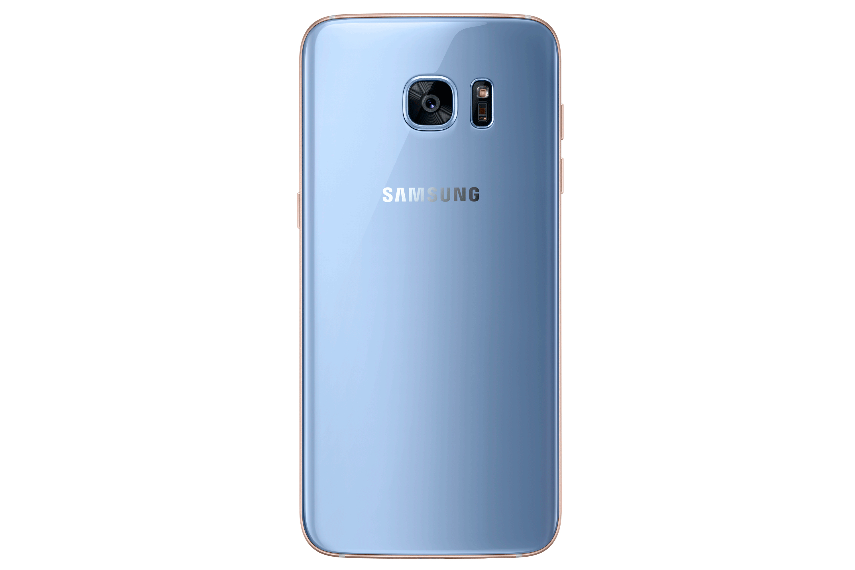 Hellblaue Telefonrückseite mit Kamera und Samsung-Logo.