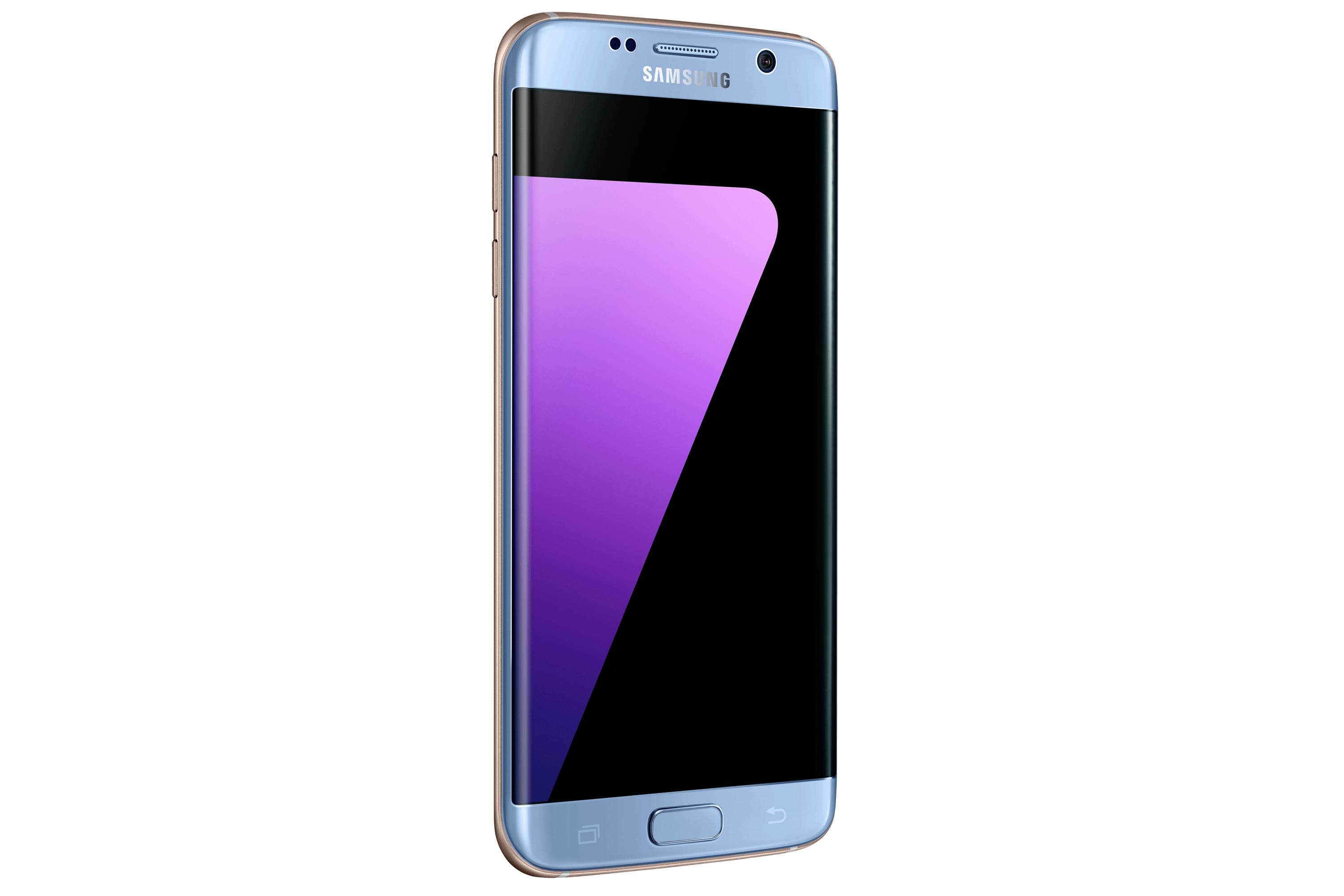 Ein blau-goldenes Samsung-Telefon mit lila Bildschirm, schräge Ansicht, weißer Hintergrund.