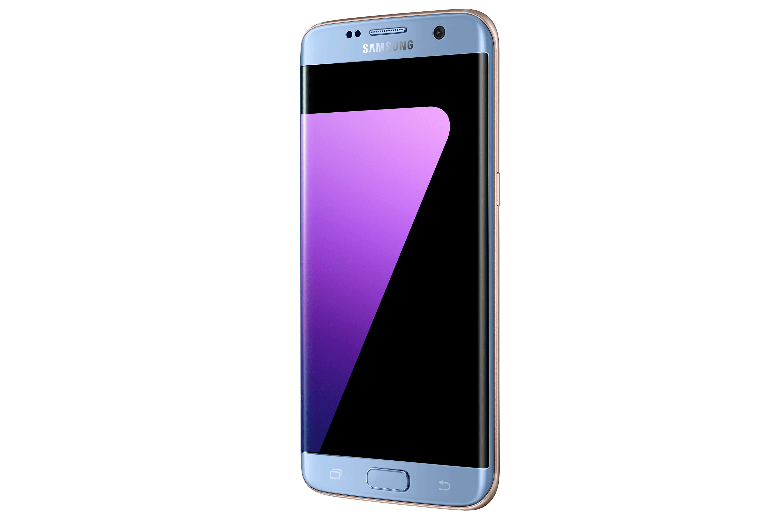 Blau-goldenes Samsung-Smartphone mit lila Bildschirm, schwarze Ober- und Unterseite.