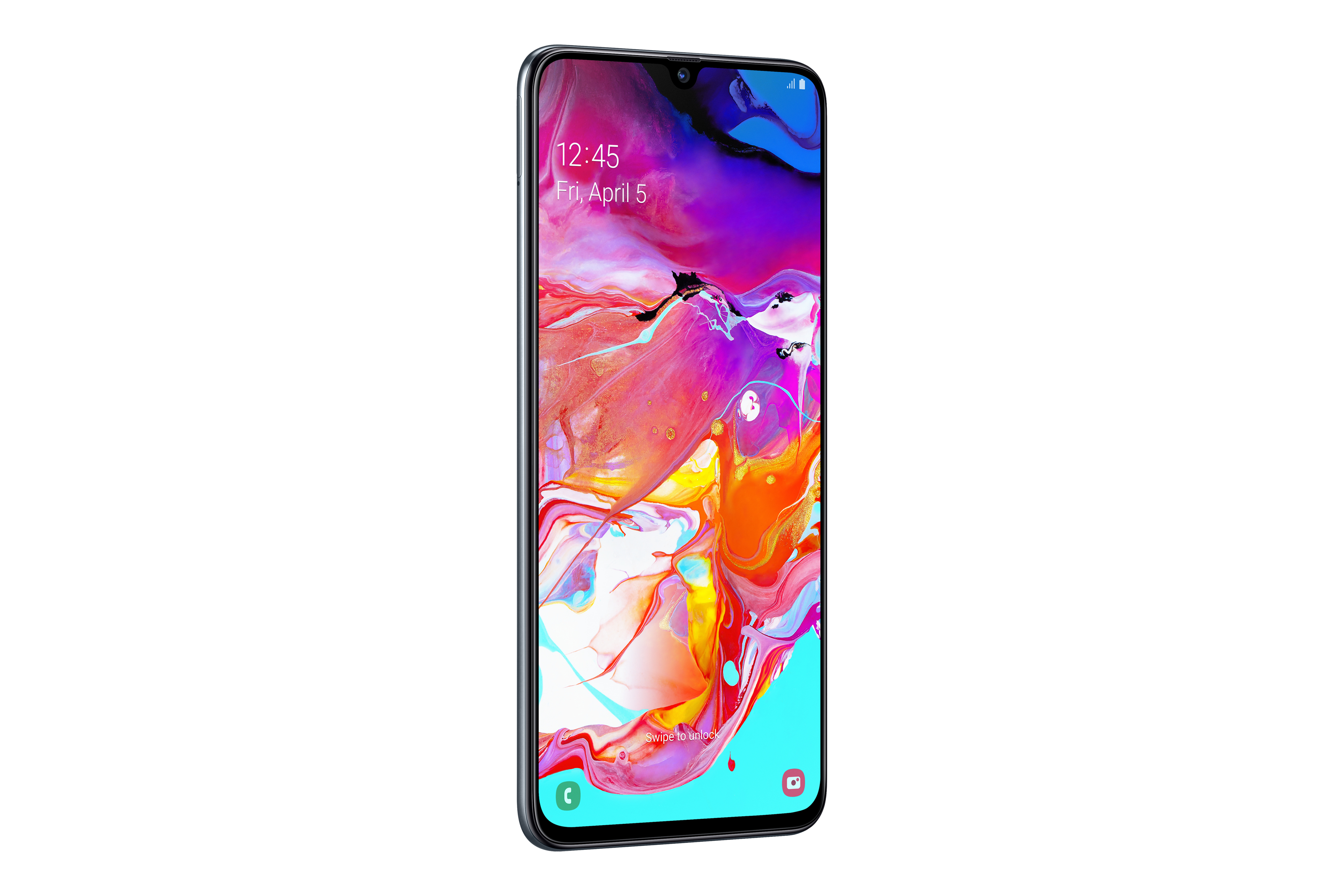 Un telefono con display colorato. Lo schermo mostra un'immagine vibrante. Sfondo bianco.