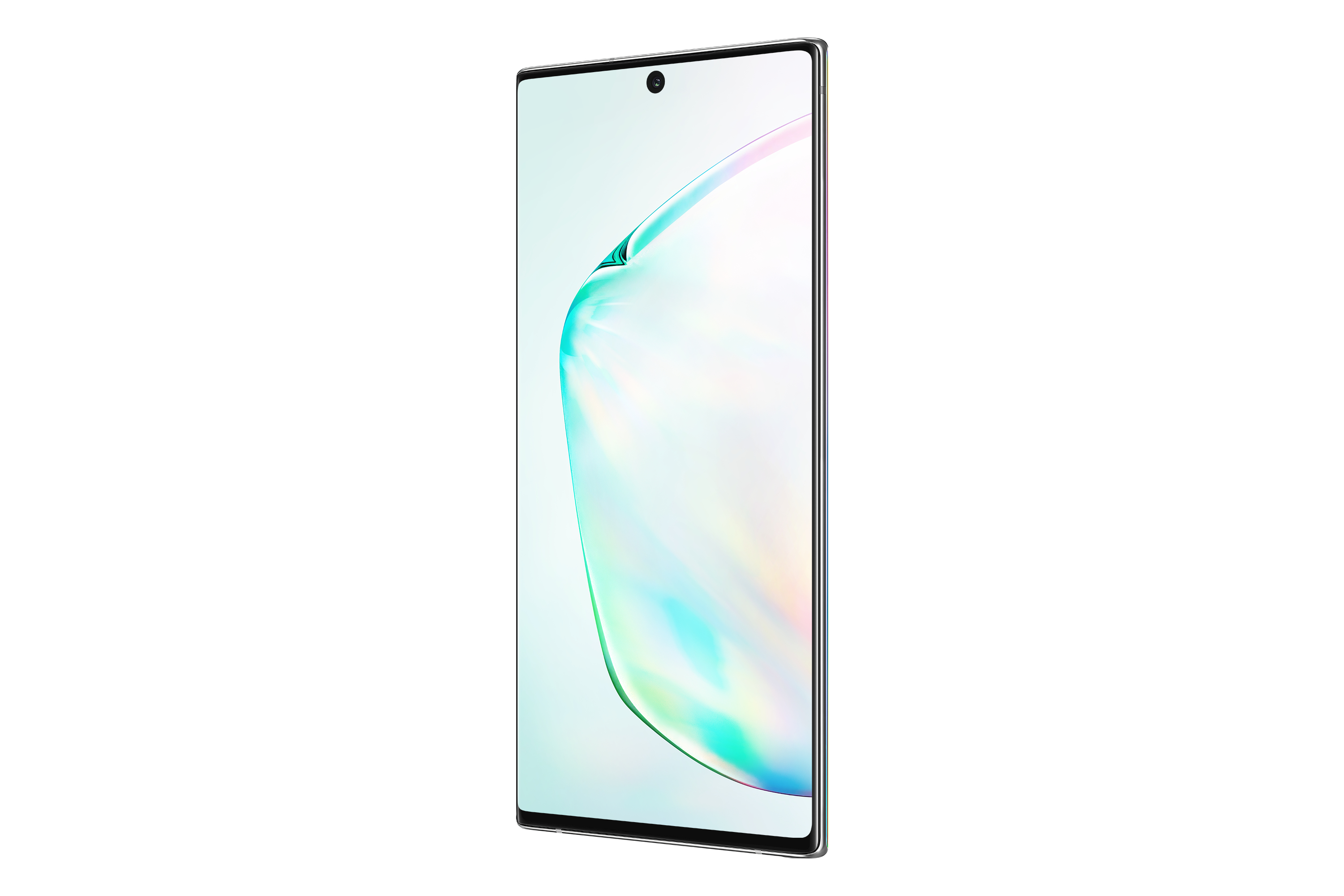 Ekran telefonu. Biały ekran z odbiciami, minimalna ramka. Widok pod kątem, białe tło.