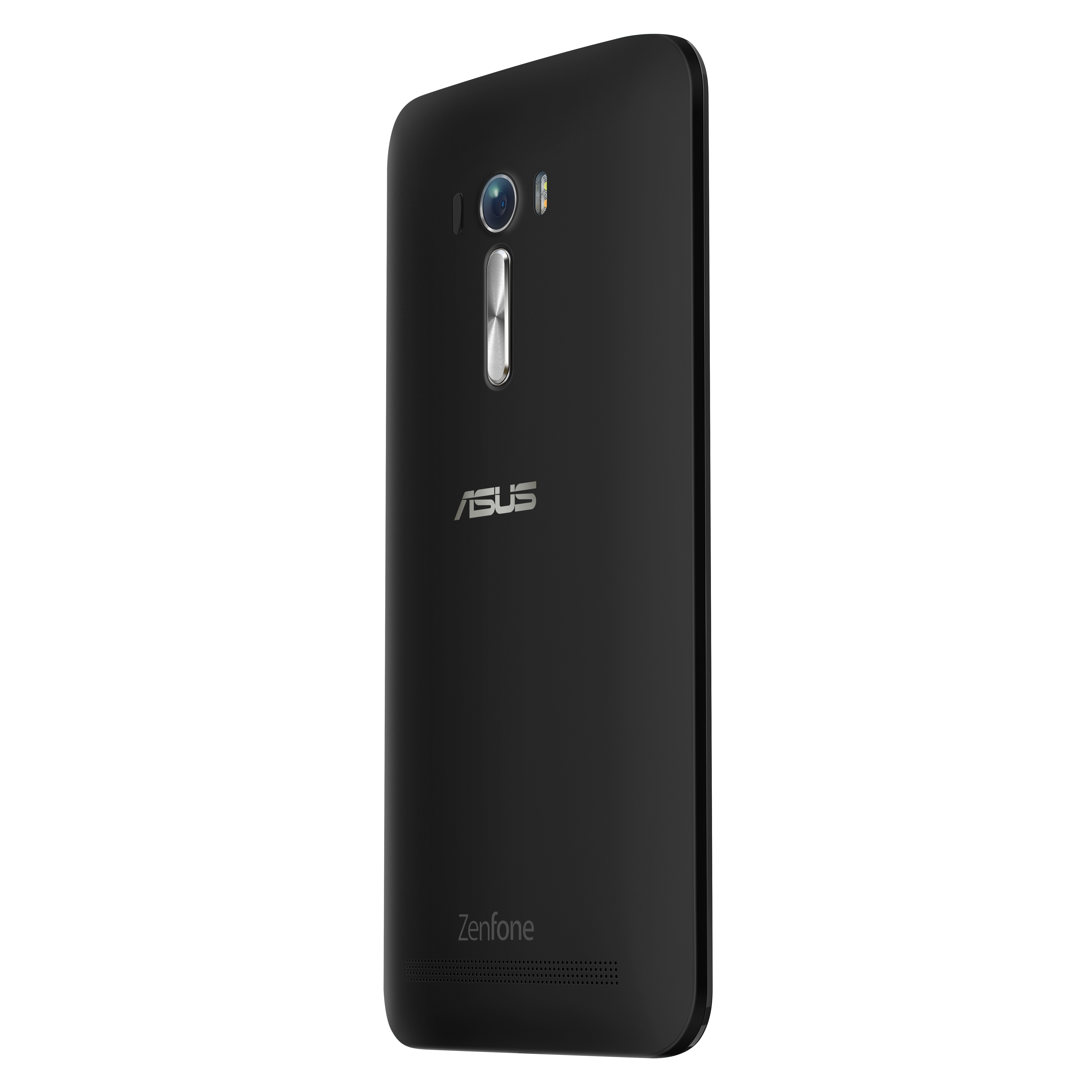 Retro di smartphone nero con una singola fotocamera, logo ASUS e la parola 'Zenfone'.