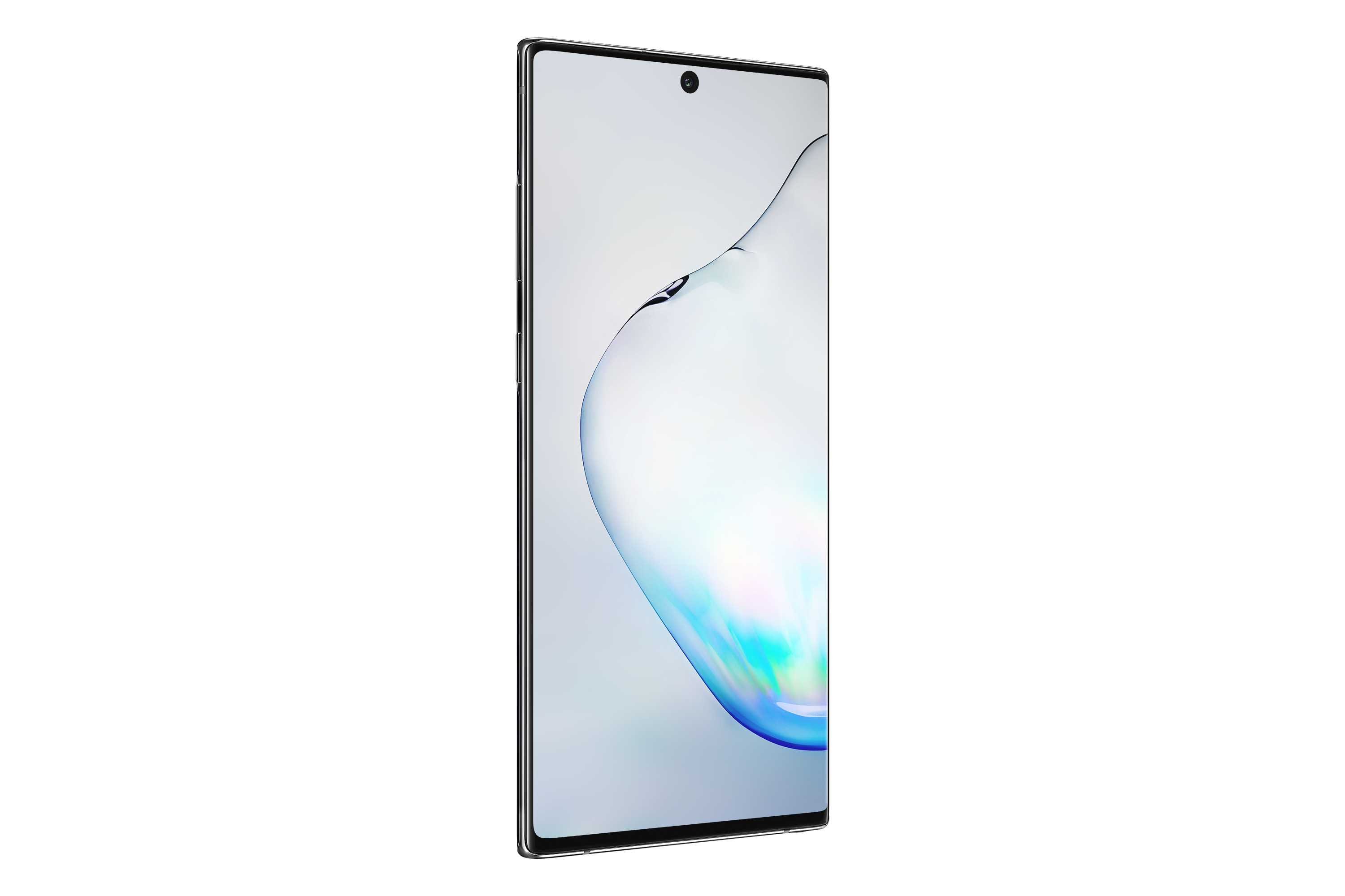 Widok z boku telefonu Samsung. Ekran wyświetla zakrzywiony, biało-niebieski wzór.