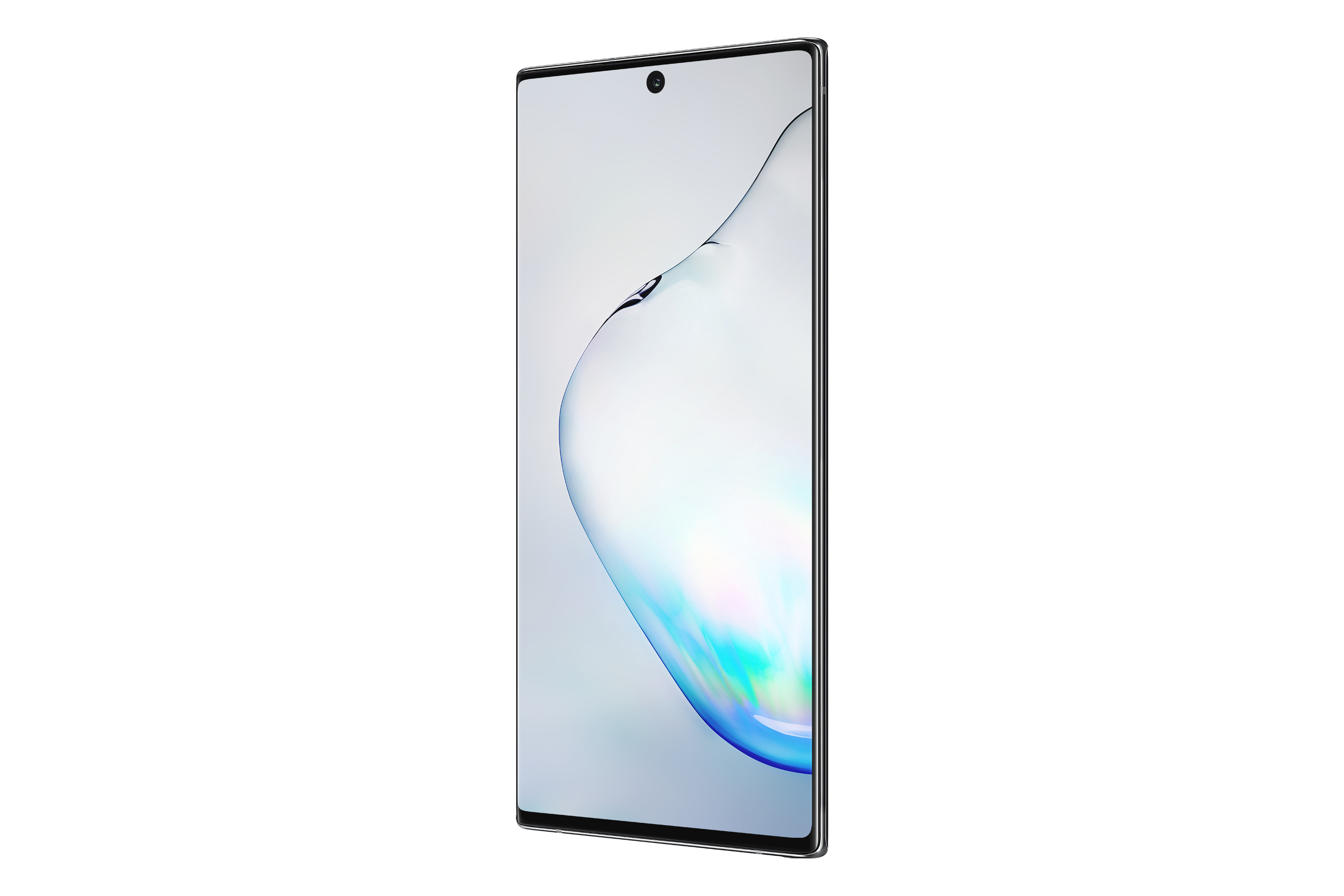 Smartfon z zakrzywionym ekranem, wyświetlający rozmyty, kolorowy obraz na białym tle.