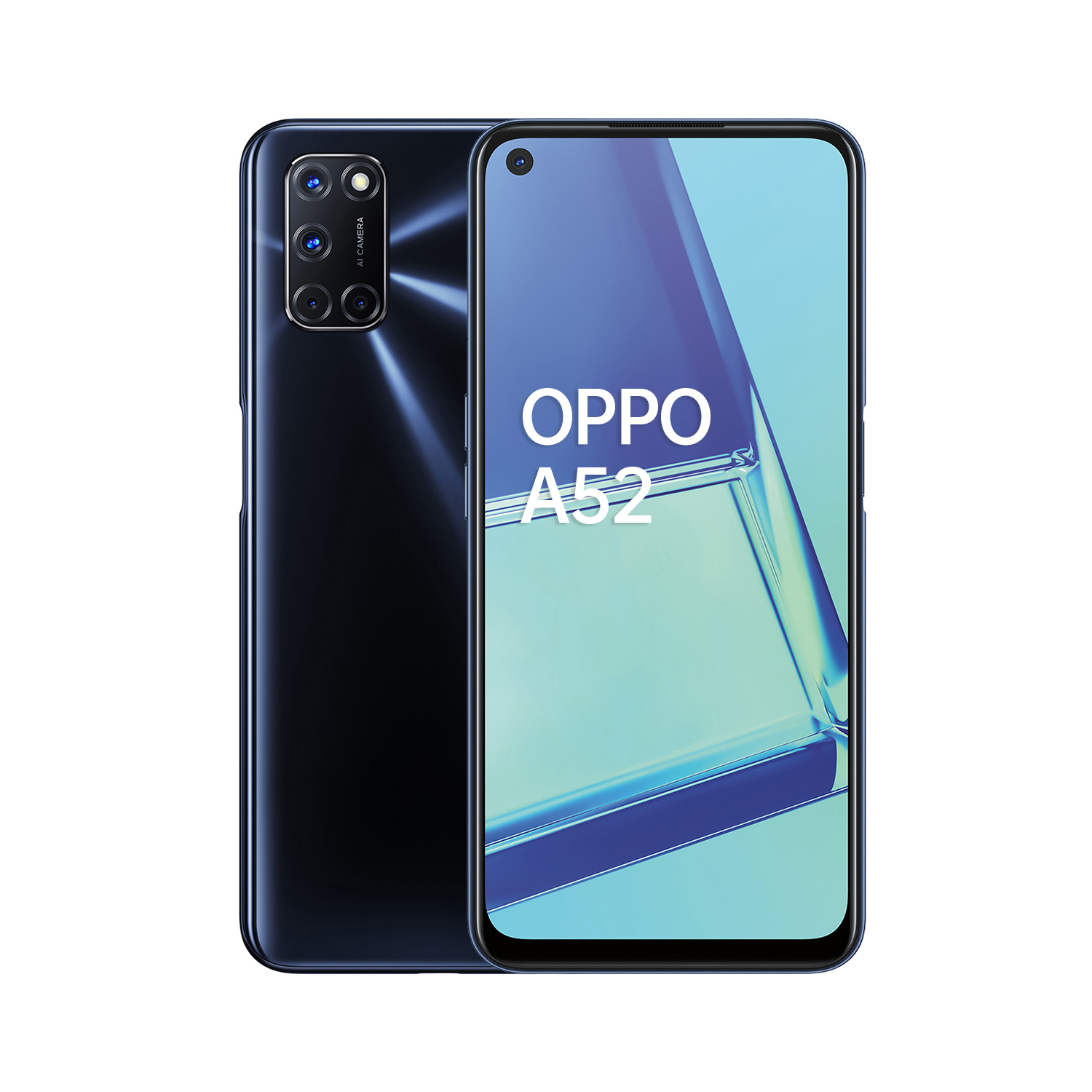 Oppo A52 Telefon, vorne und hinten. Schwarzes Gehäuse. Der Bildschirm ist an.