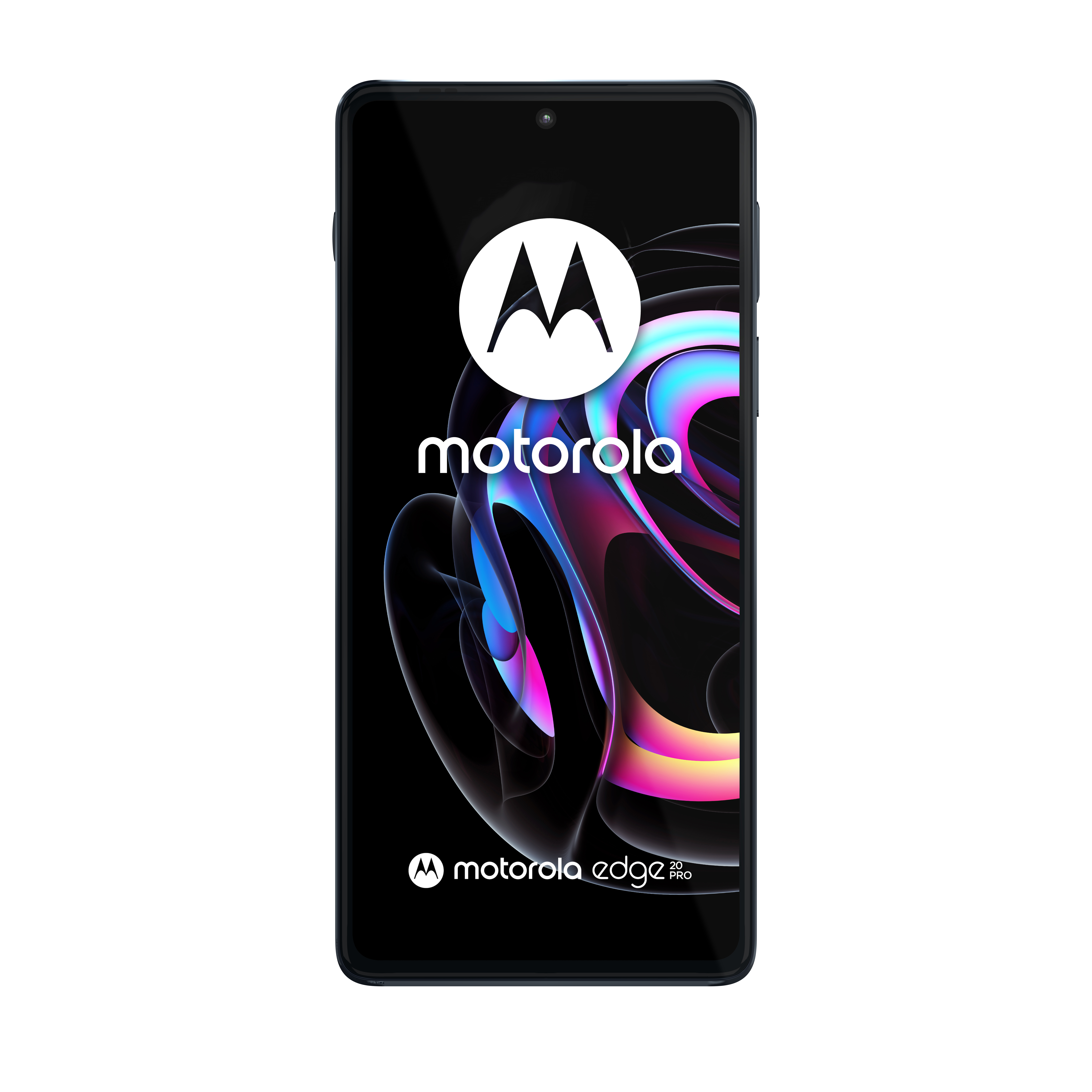 Motorola Smartphone Vorderansicht, schwarzer Bildschirm mit Logo. Schwarzer Rahmen, weißer Hintergrund.