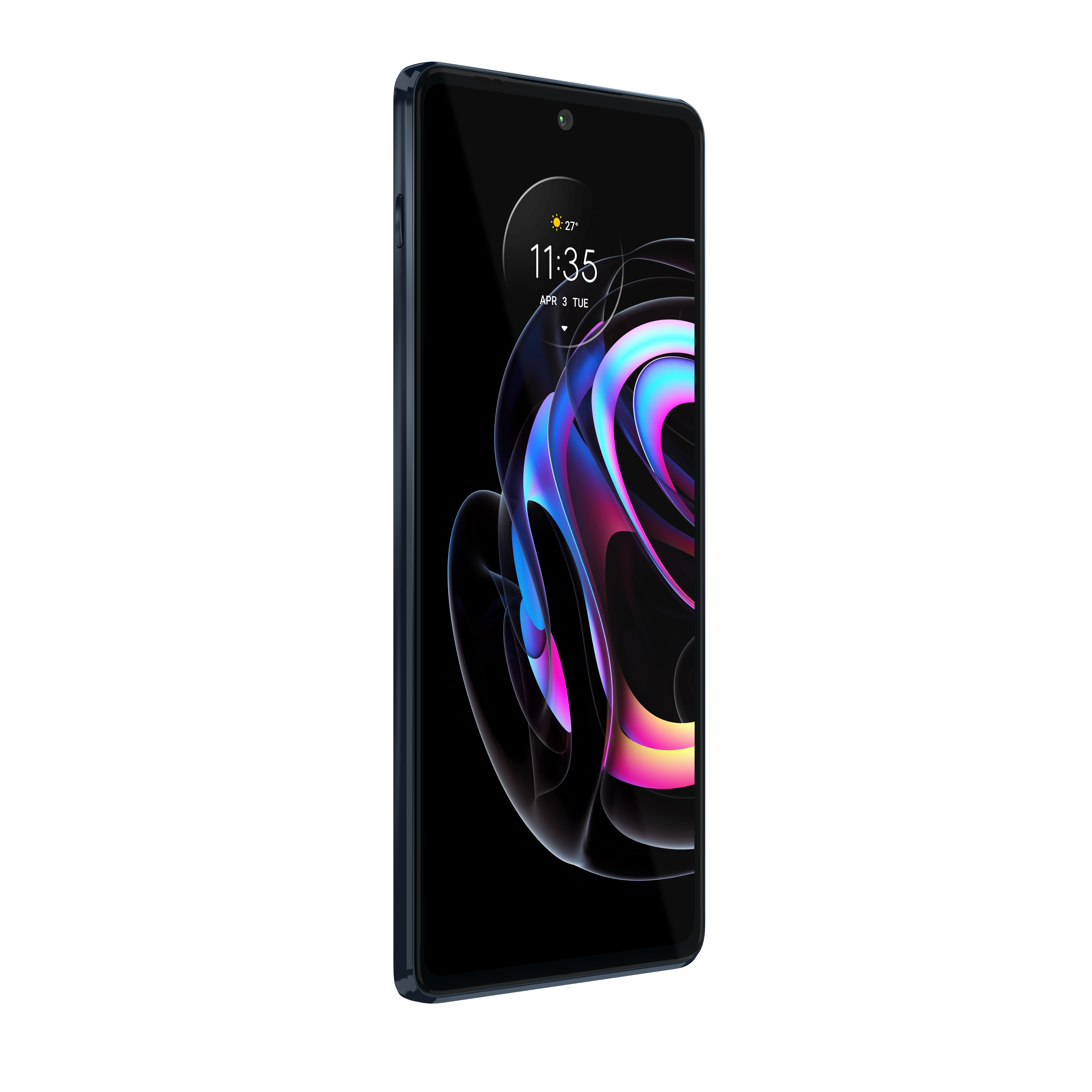 Ein Telefon wird im Profil gezeigt. Der Bildschirm ist schwarz und zeigt ein abstraktes, farbenfrohes Design. Das Telefon ist blau.