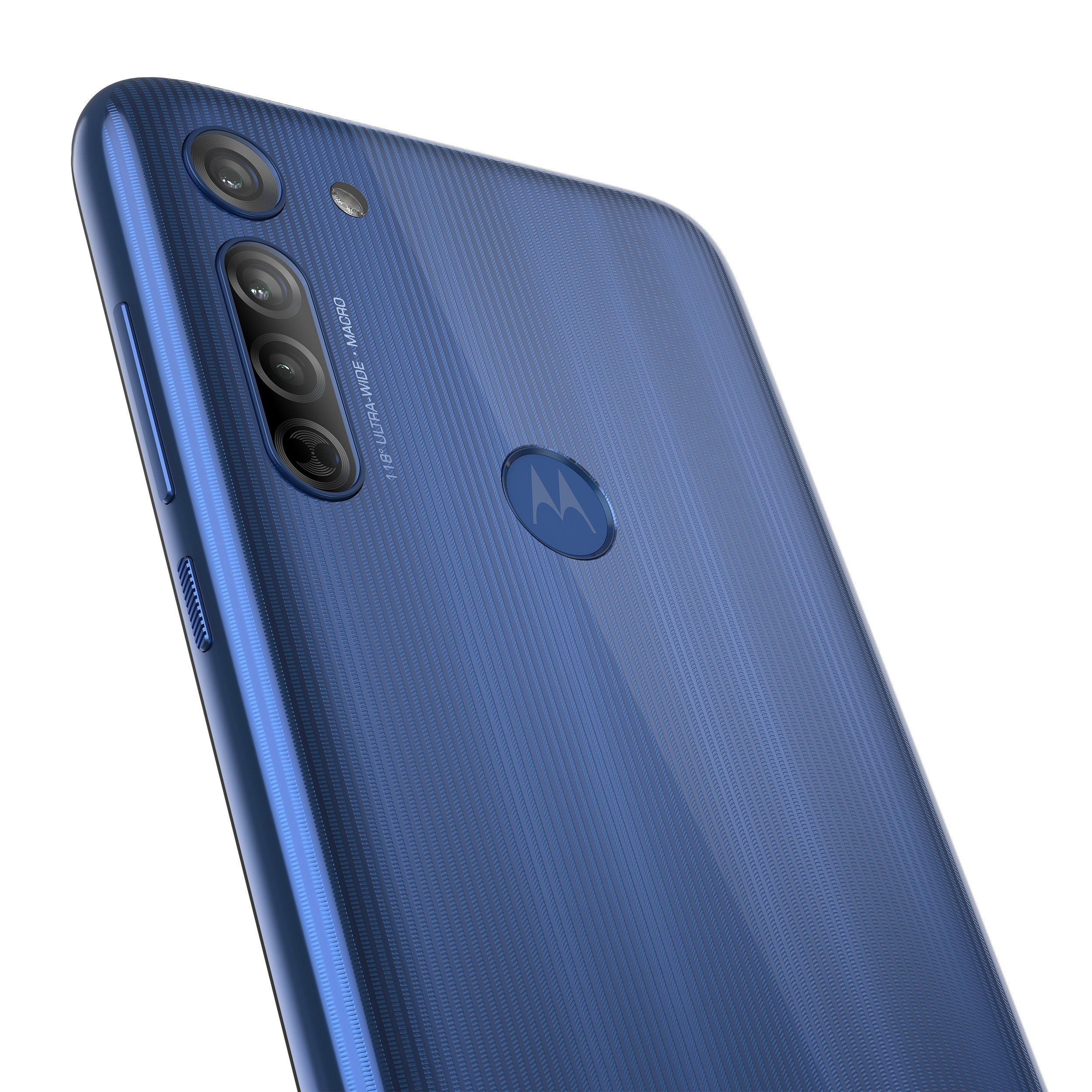 Retro del telefono blu con tre fotocamere e un logo. La superficie ha un motivo strutturato.